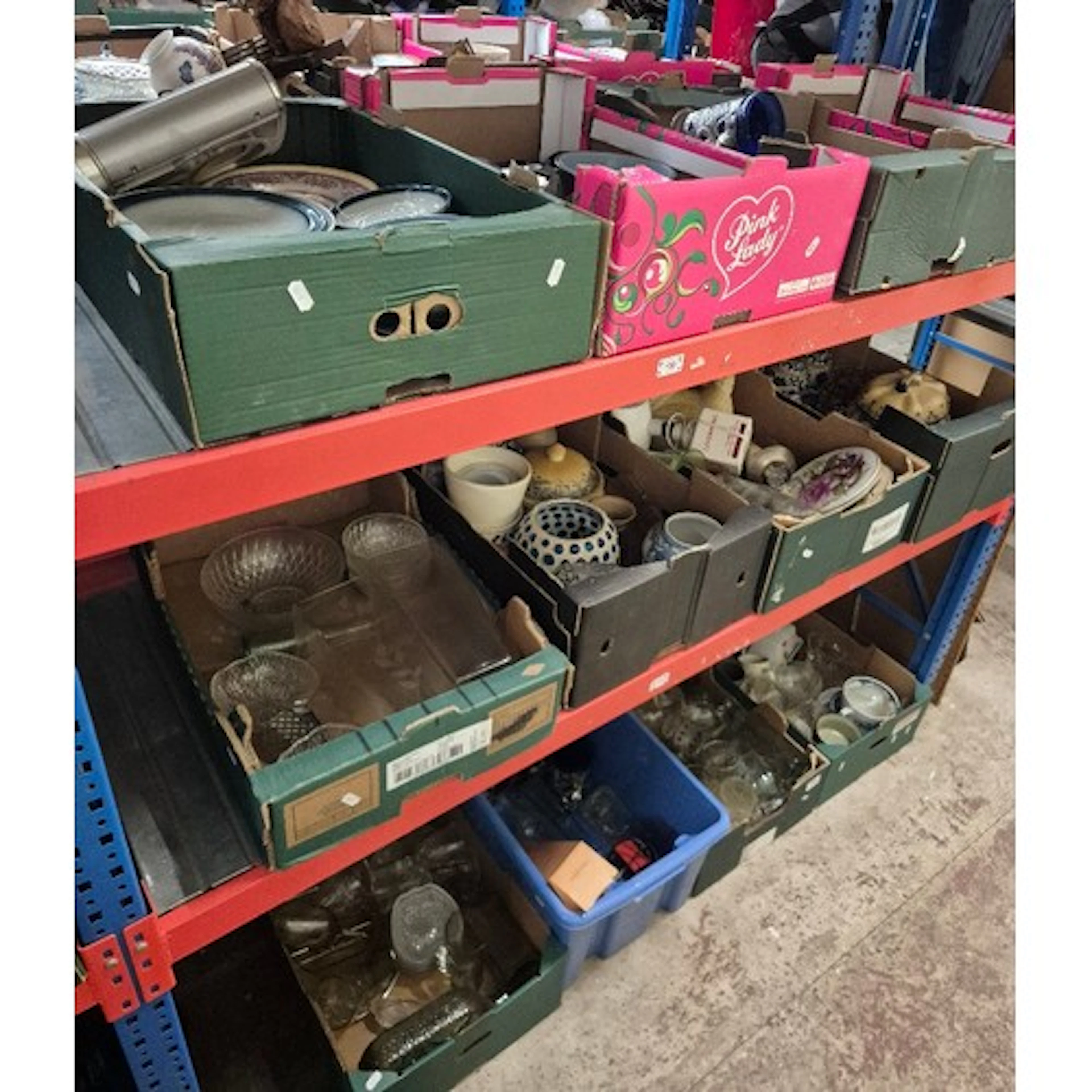 3 shelves (12 boxes) of ceramics and glass including Wedgwoo...