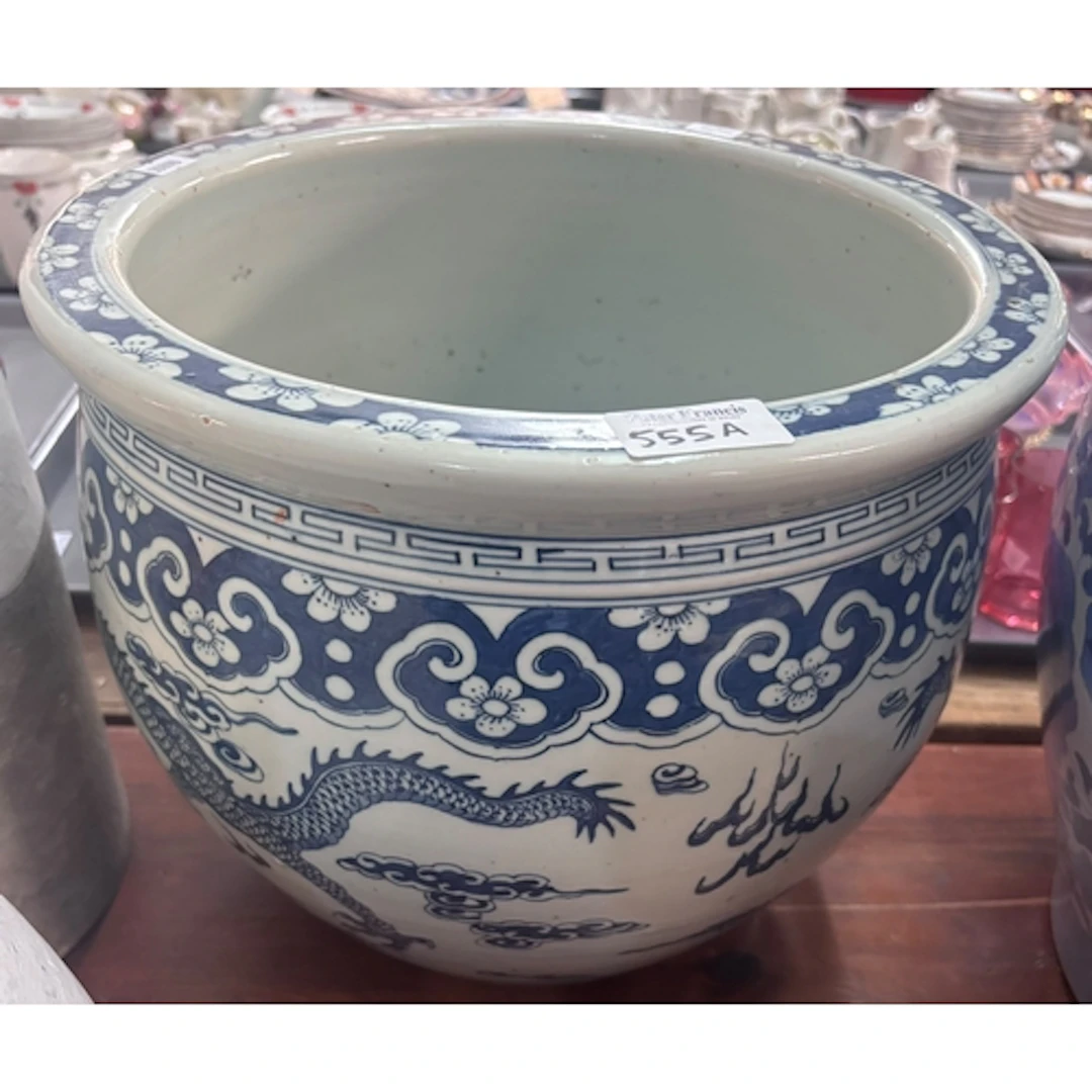 Chinese blue and white porcelain fish bowl, decorated with p...