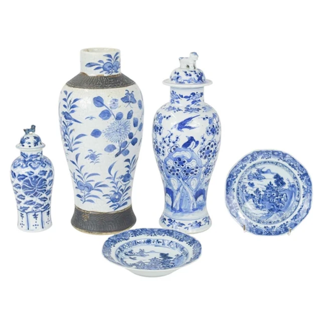 Three Chinese blue and white porcelain vases and two plates....