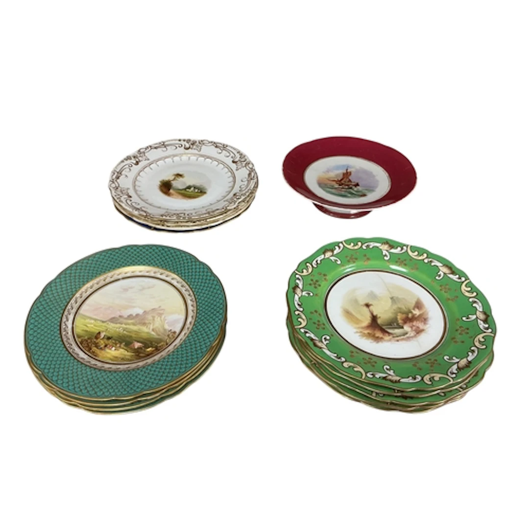 Thirteen English porcelain topographical painted plates, 19t...