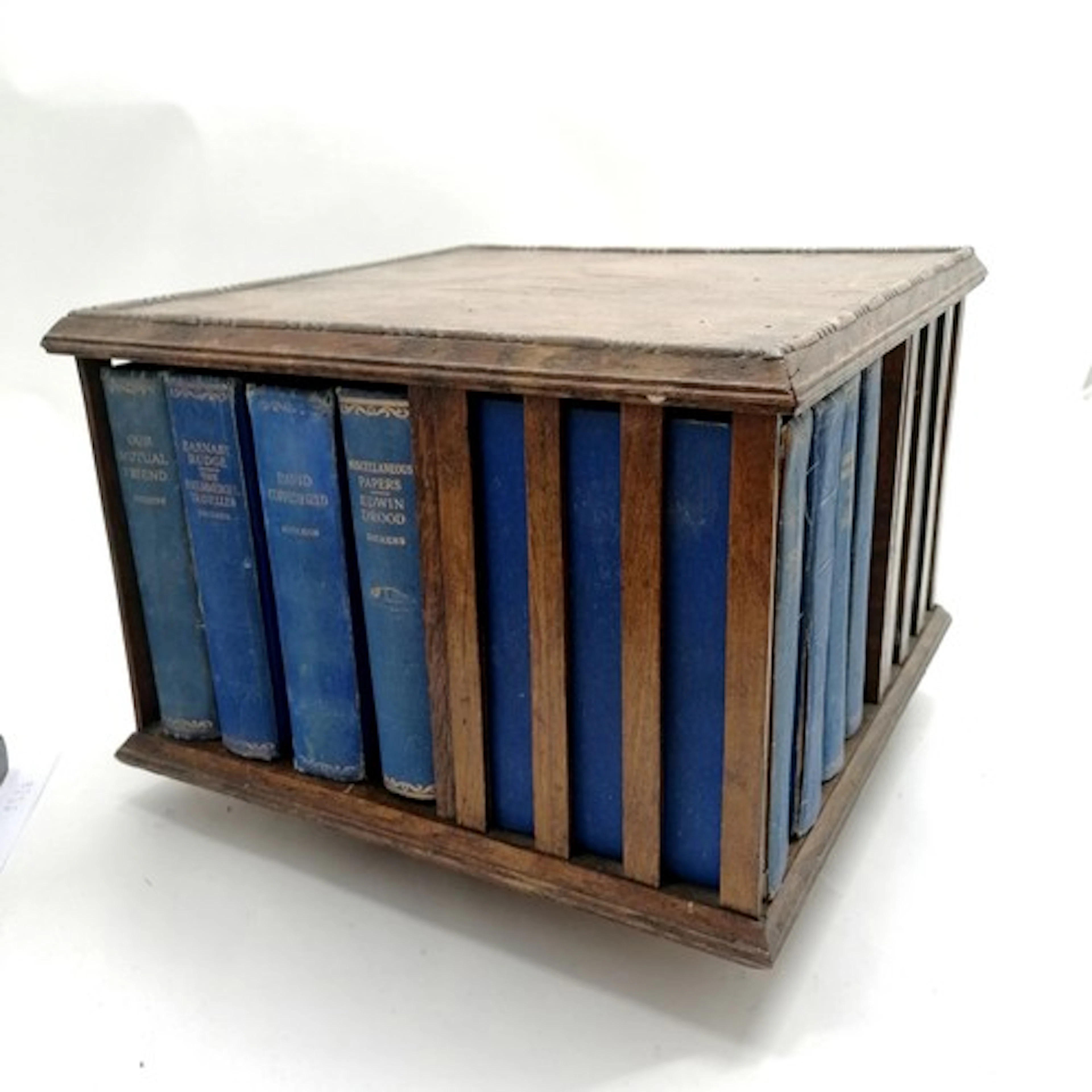 Vintage oak table top revolving bookstand with collection of...