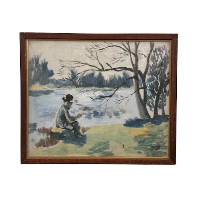 20th Century School - Man in top hat sitting beside the rive...
