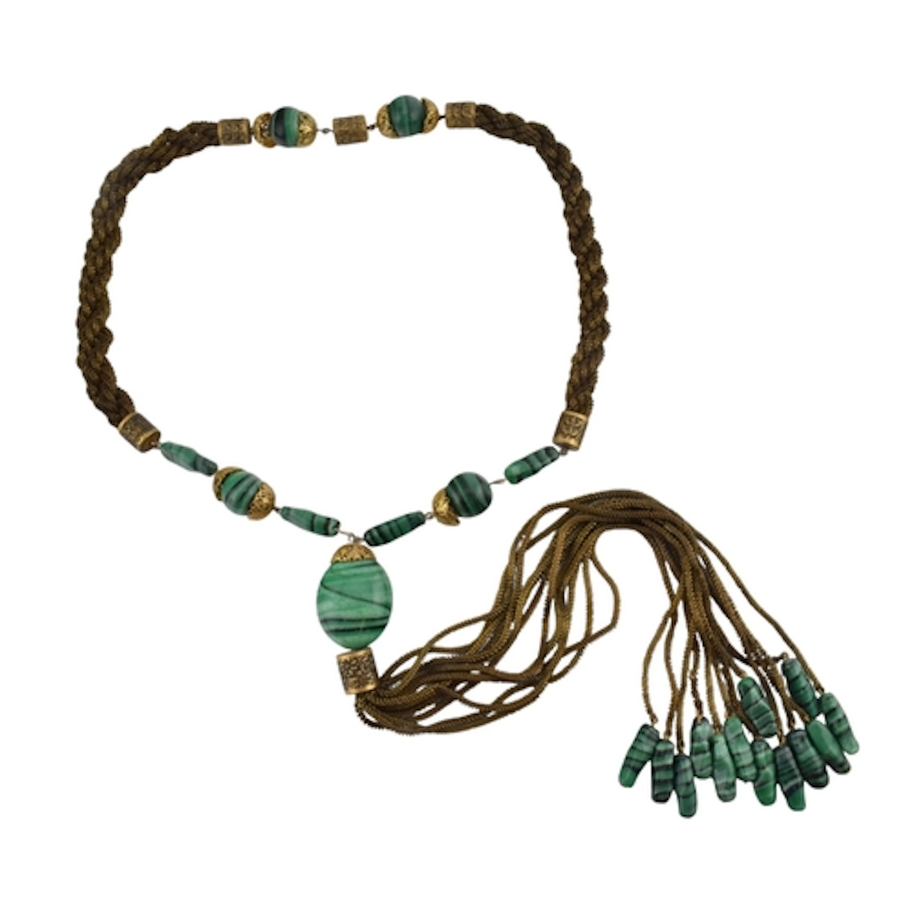 A Neiger Brothers' filigree design metal chain and green str...