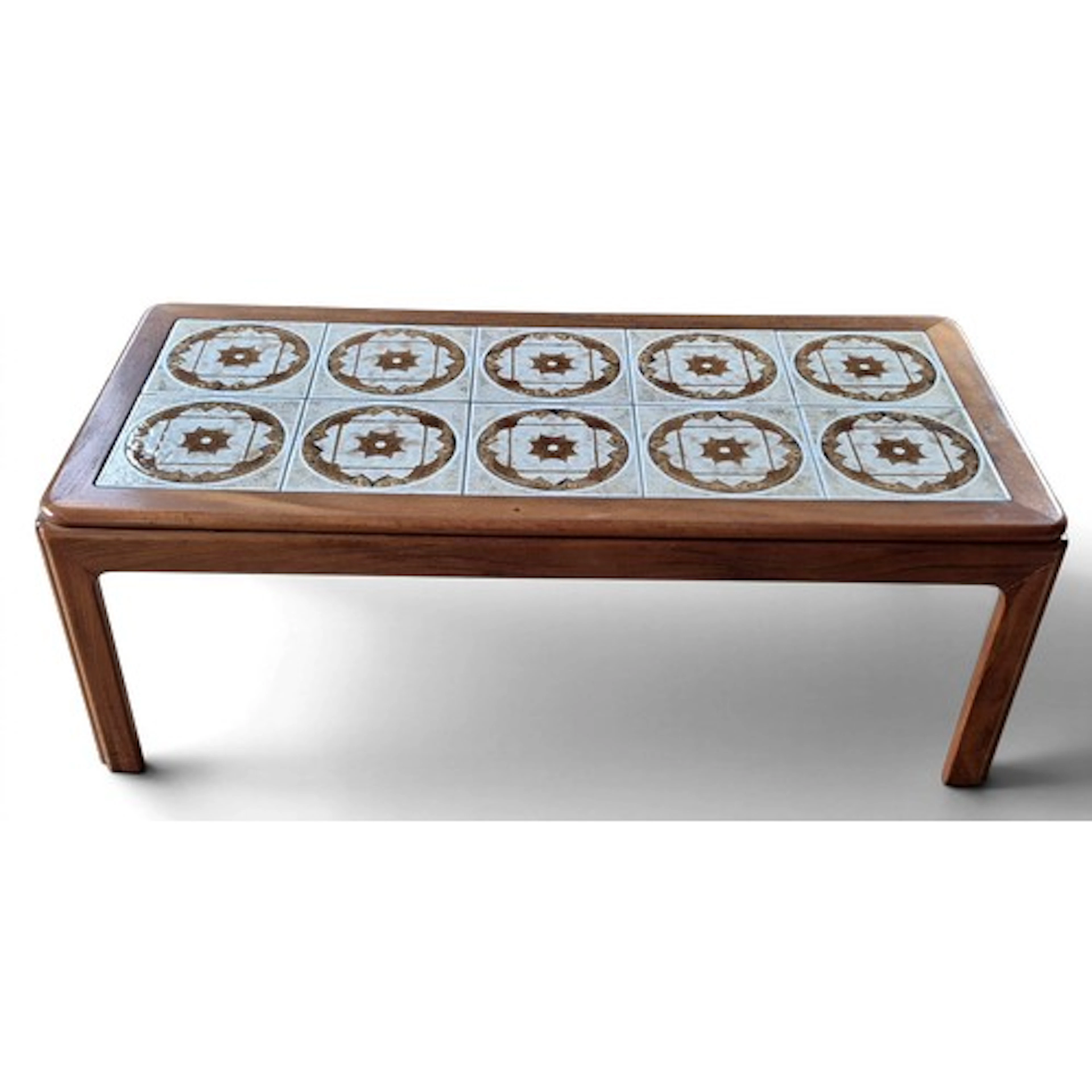 A mid 20thC tiled top coffee table. 40cm h x 112cm w x 51cm ...
