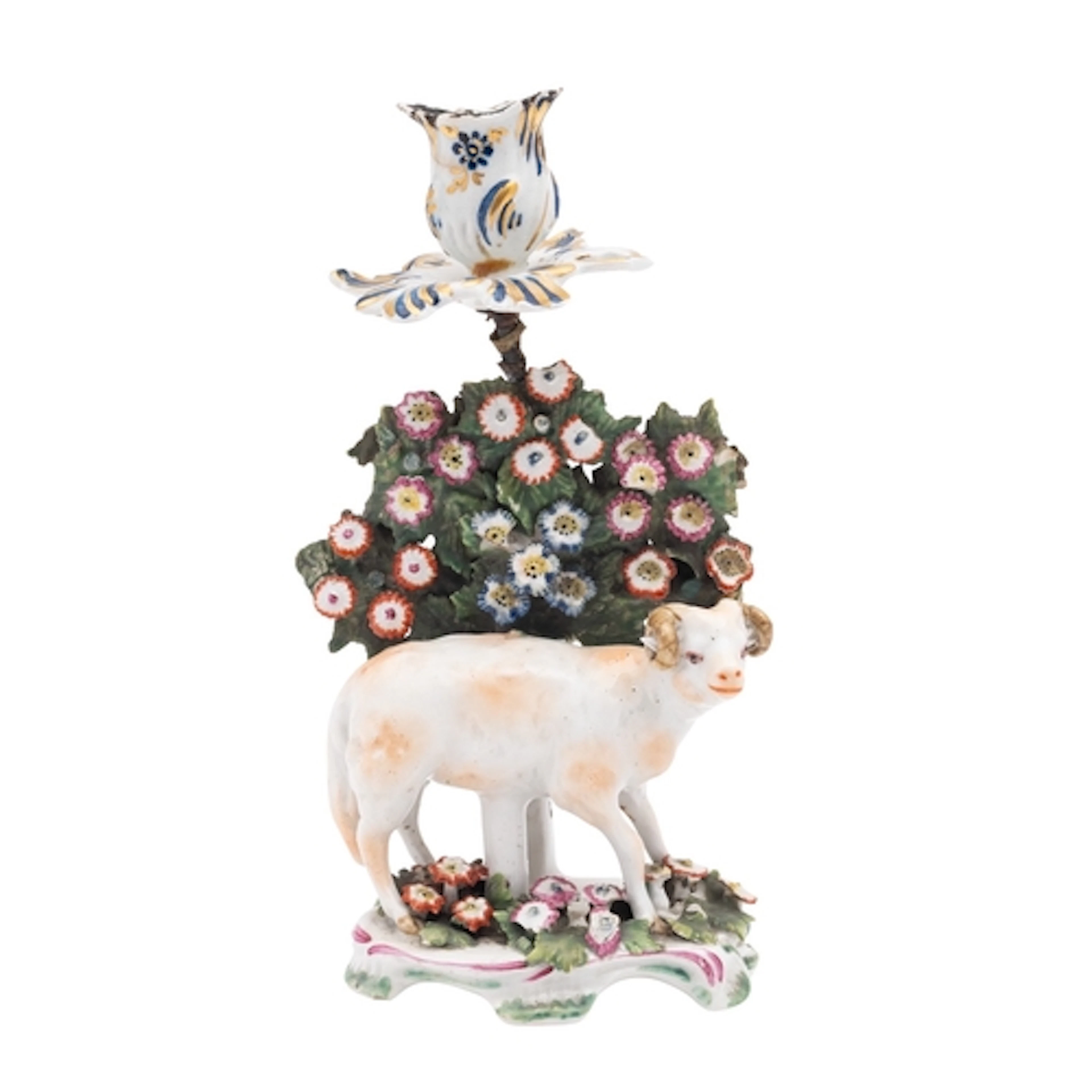 A Bow bocage candlestick figure of a ram, circa 1765-70 the...