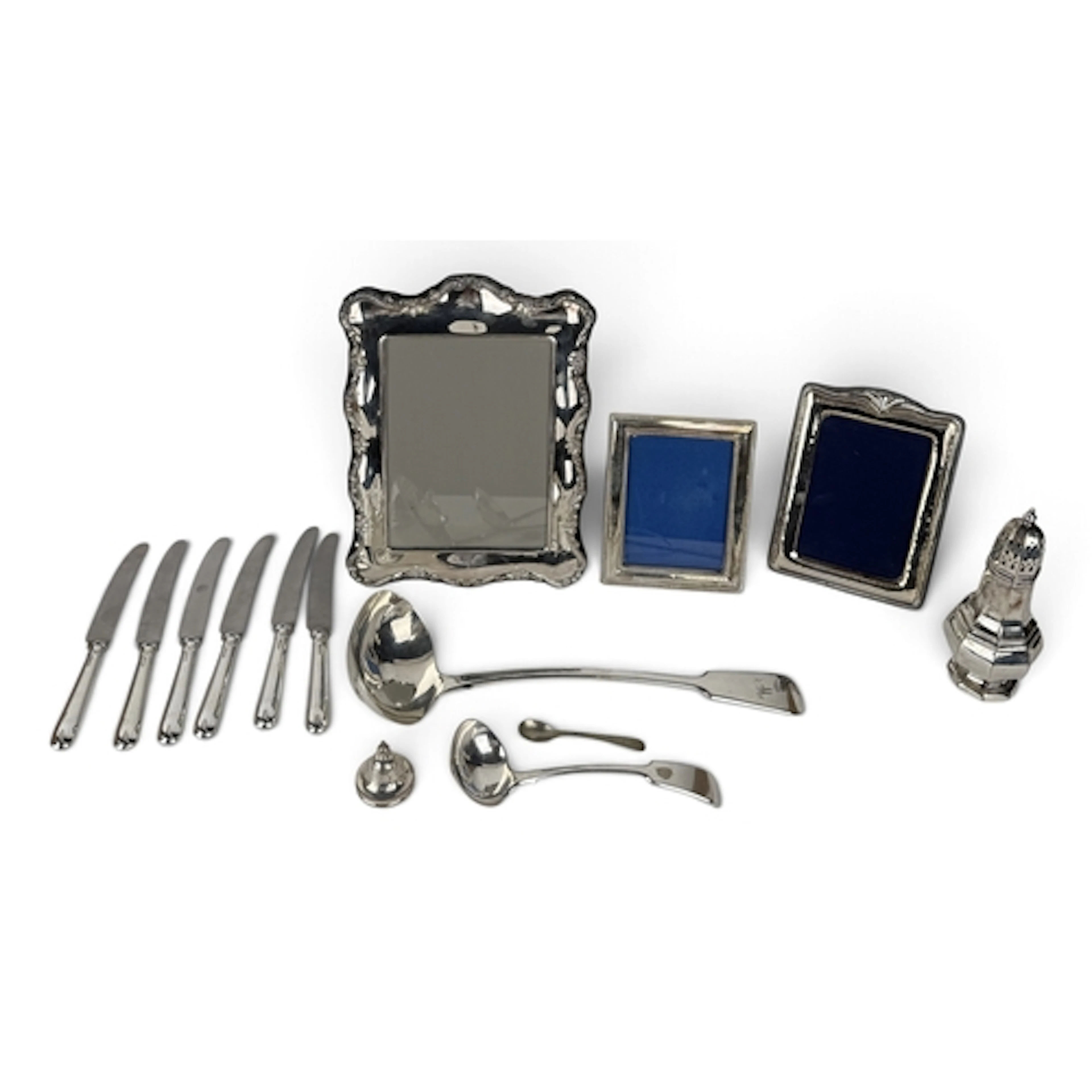 A SET OF SILVER HANDLED KNIVES, TOGETHER WITH A COLLECTION O...