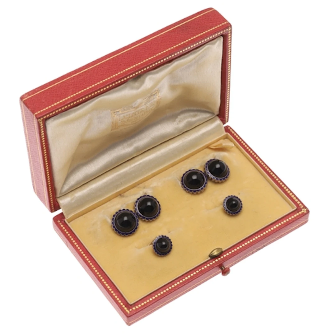 A CASED SET OF CUFFLINKS AND DRESS STUDS BY LACLOCHE. compri...