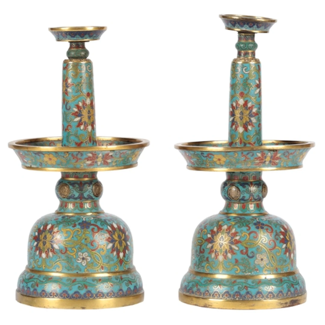 A rare pair of Chinese gilded cloisonné enamel 'lotus' candl...
