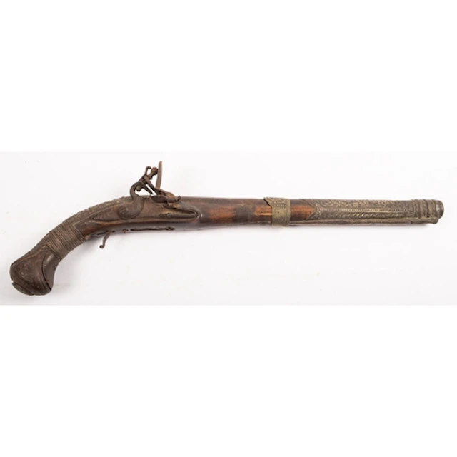 An 18th Century inlaid flintlock pistol. Unsigned having a 3...