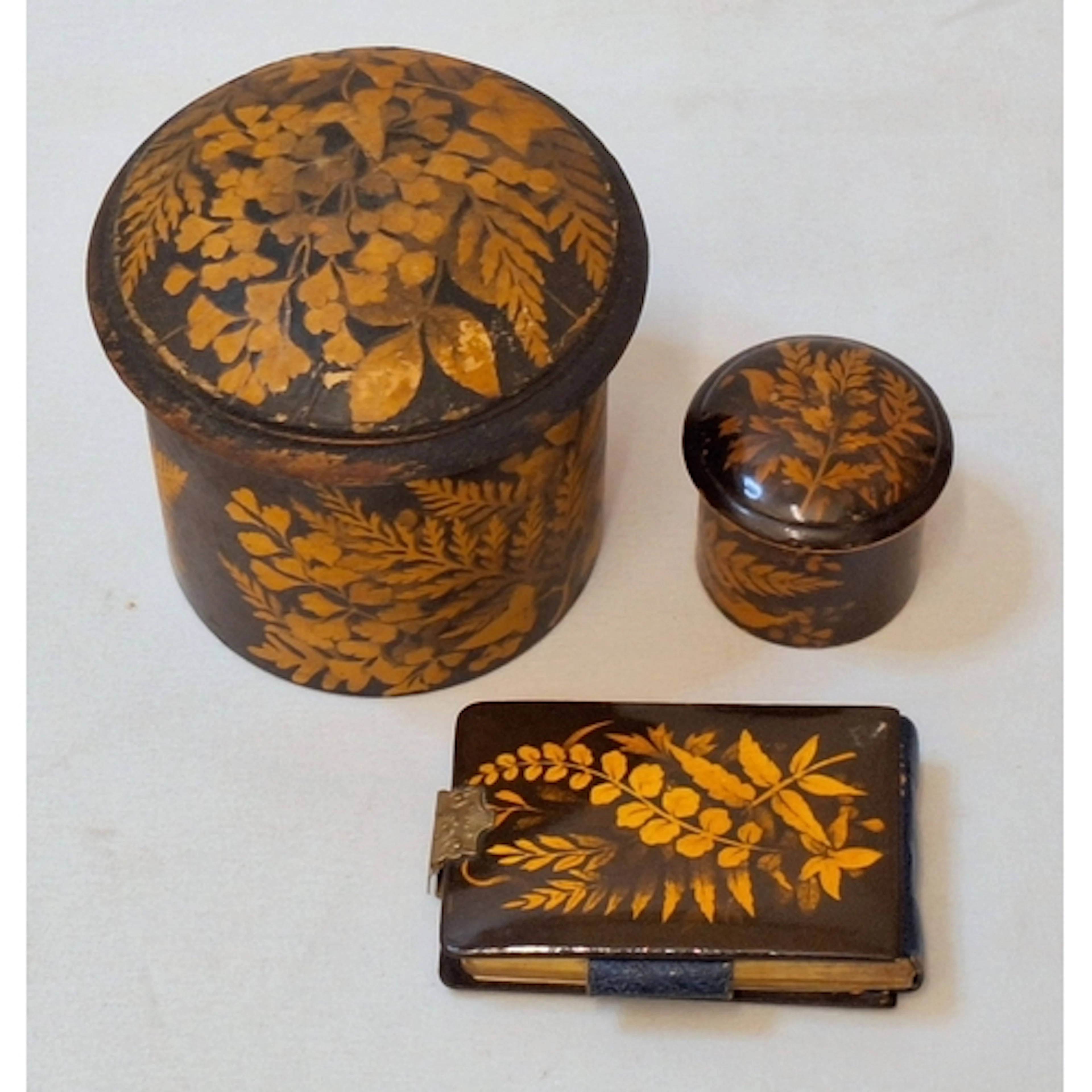 2 Antique Fern Ware Lidded Pots & Miniature Notebook with br...