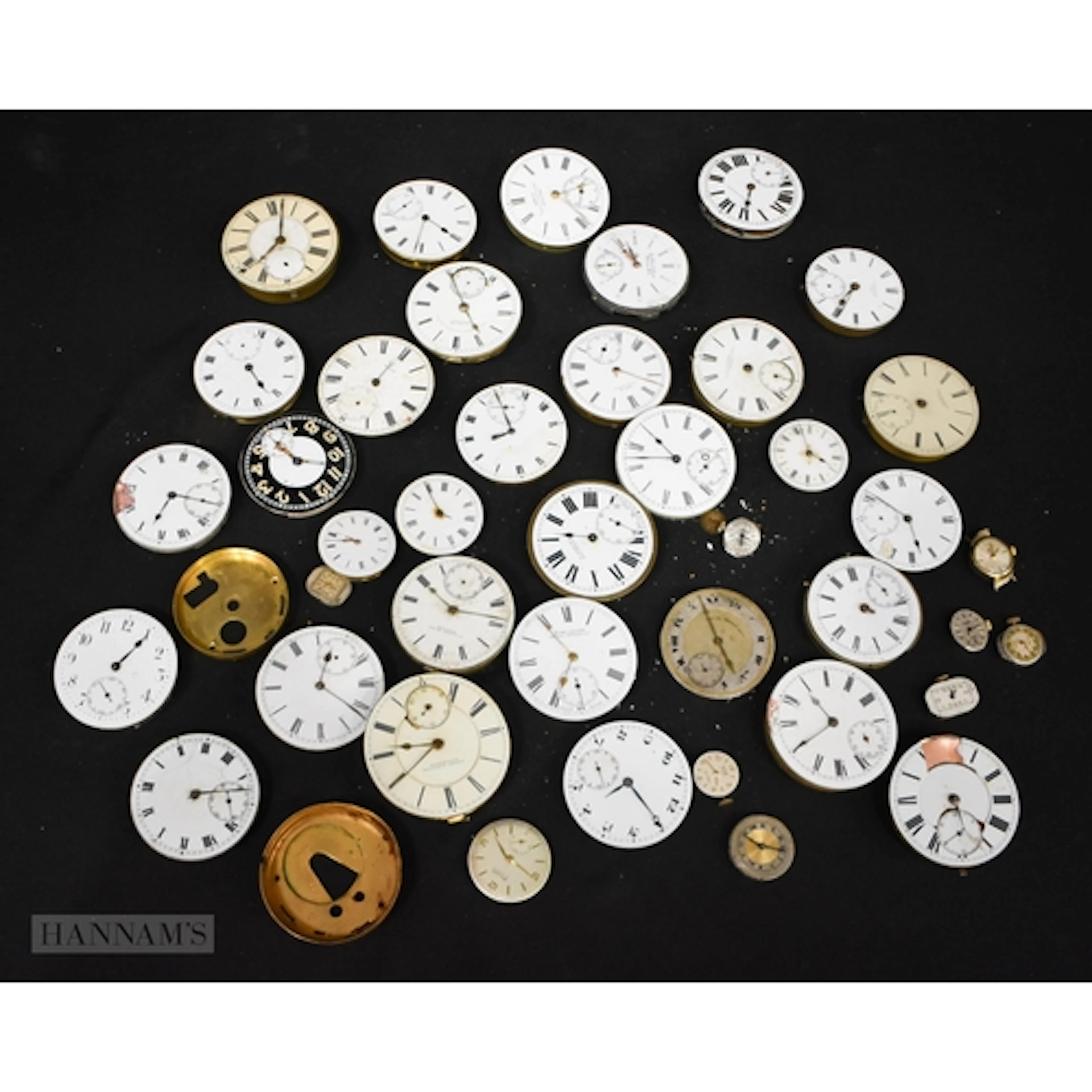 A collection of pocket watch mechanisms and faces (Qty)