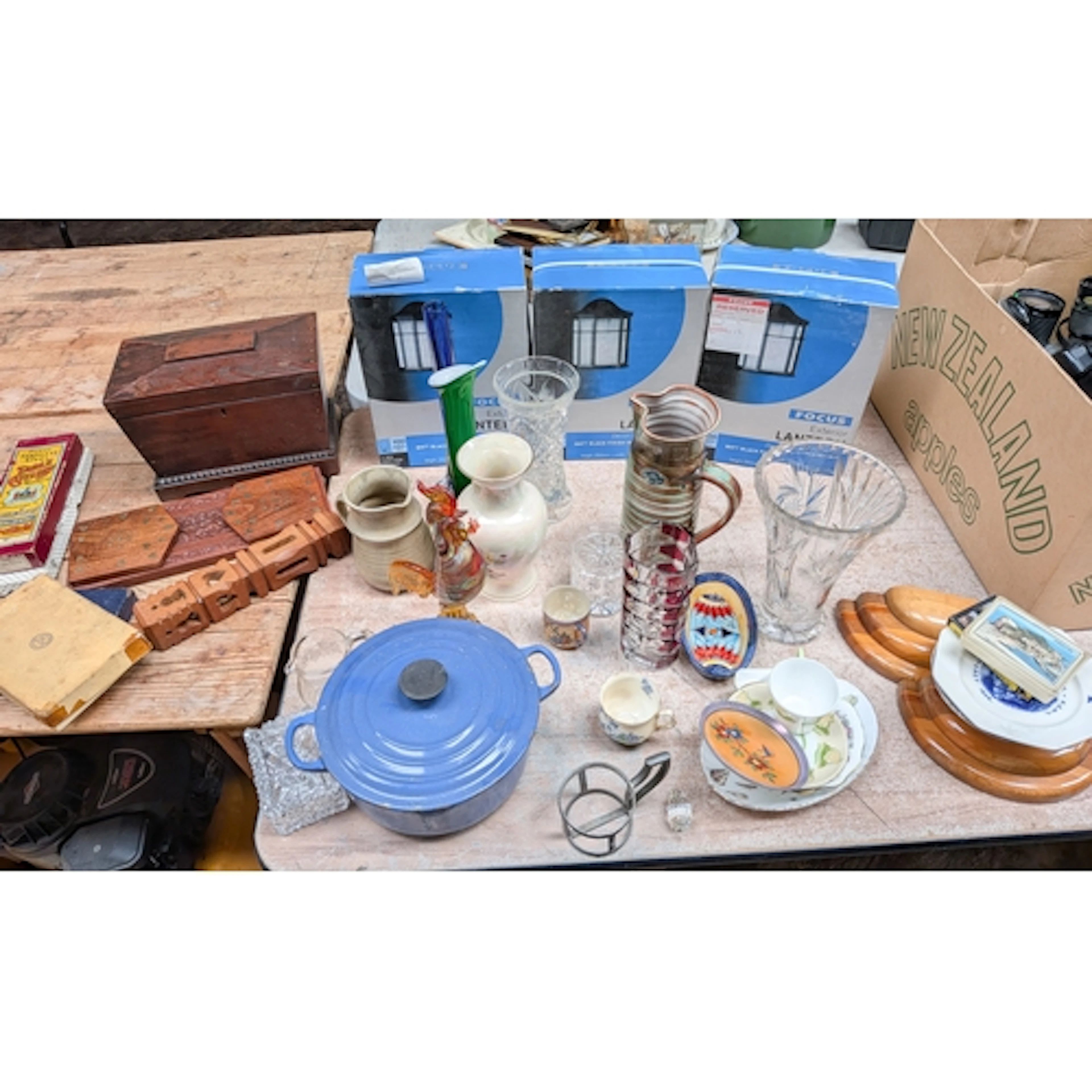 Two boxes of house clearance items - cut glass, art glass va...