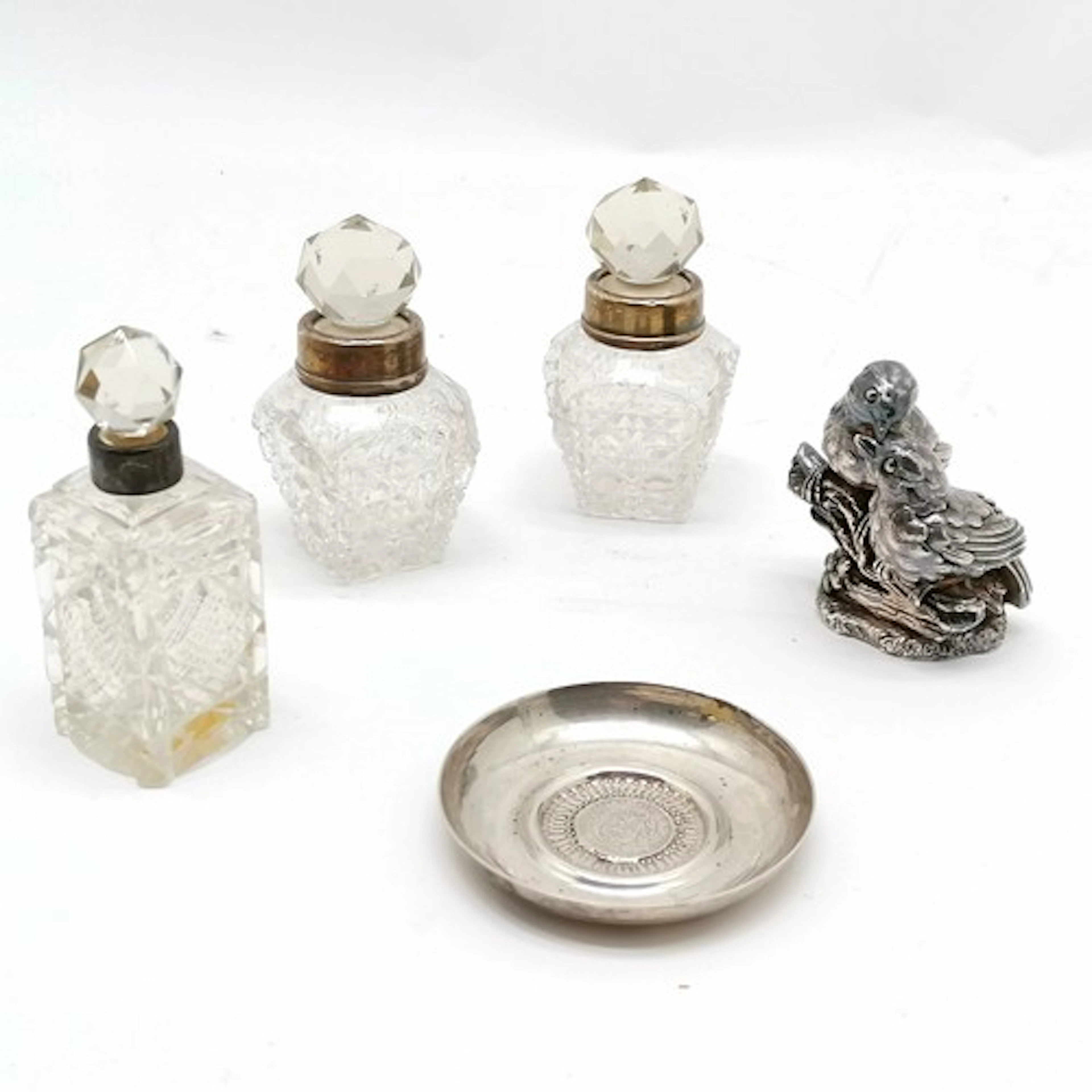 Qty of silver ~ cased birds figure (8cm), Peru coin dish (50...