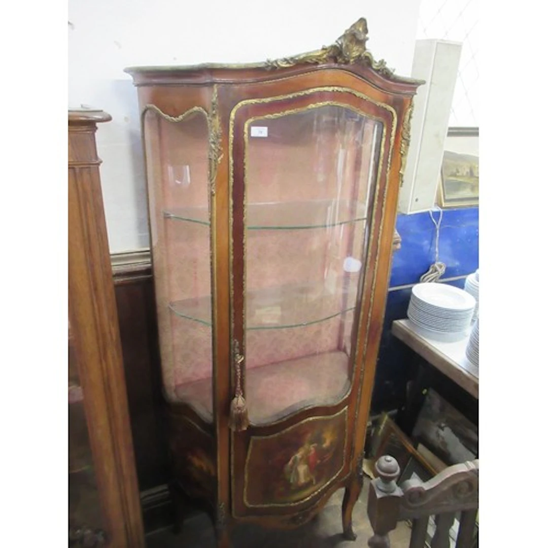 A Vernis Martin style glazed display cabinet with gilt appli...