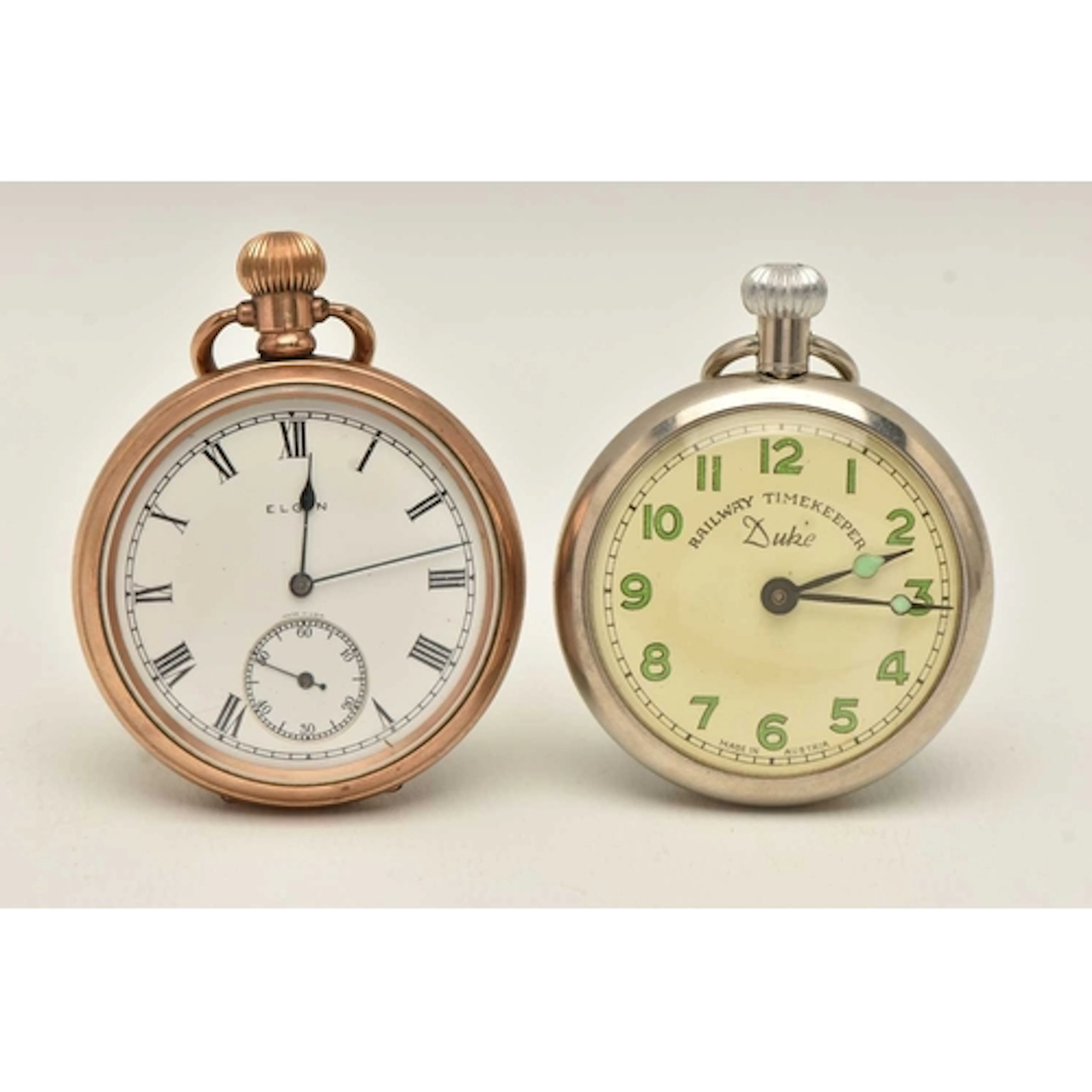 A GOLD PLATED OPEN FACE 'ELGIN' POCKET WATCH AND A BASE META...