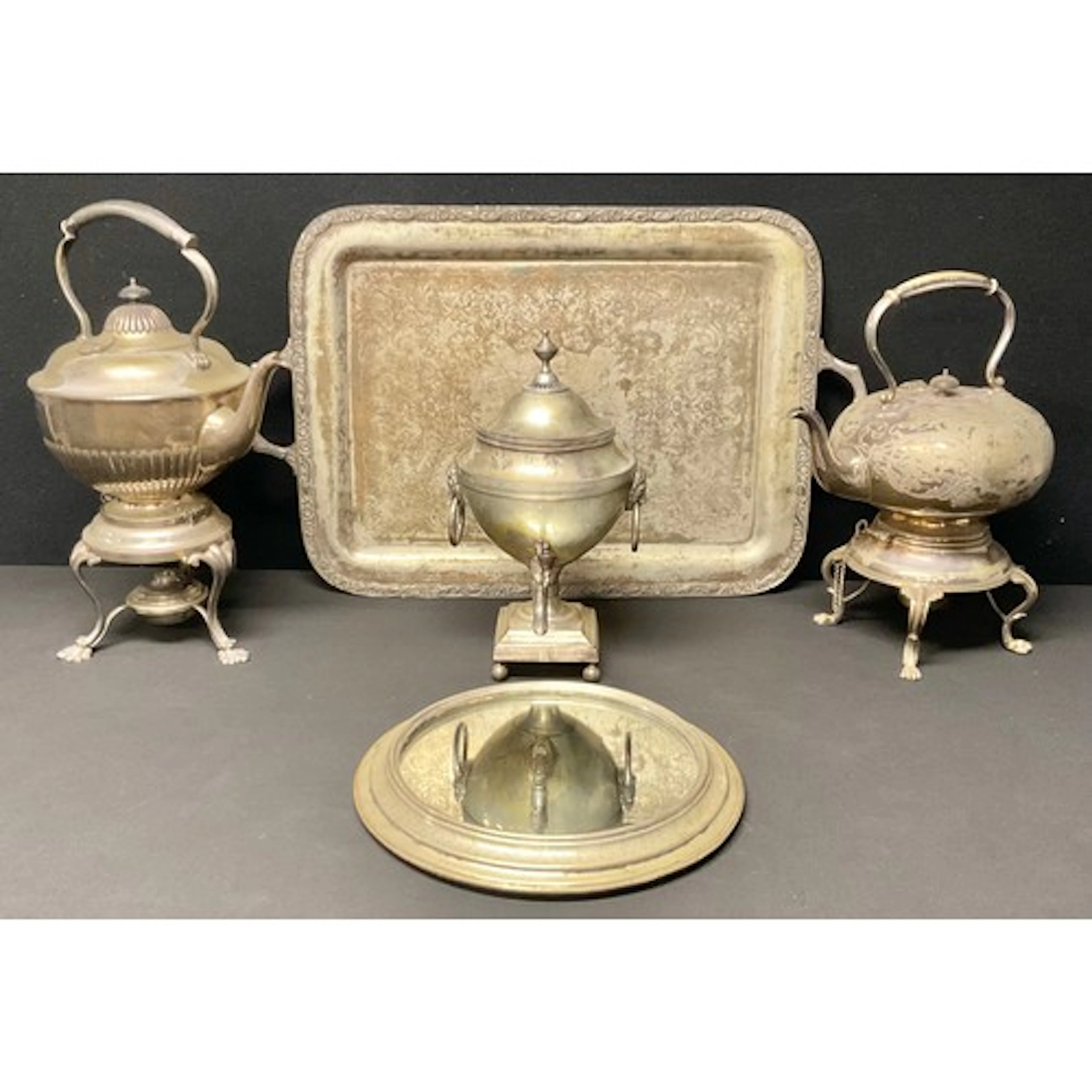 Plated Ware - a large Edwardian half fluted spirit kettle on...