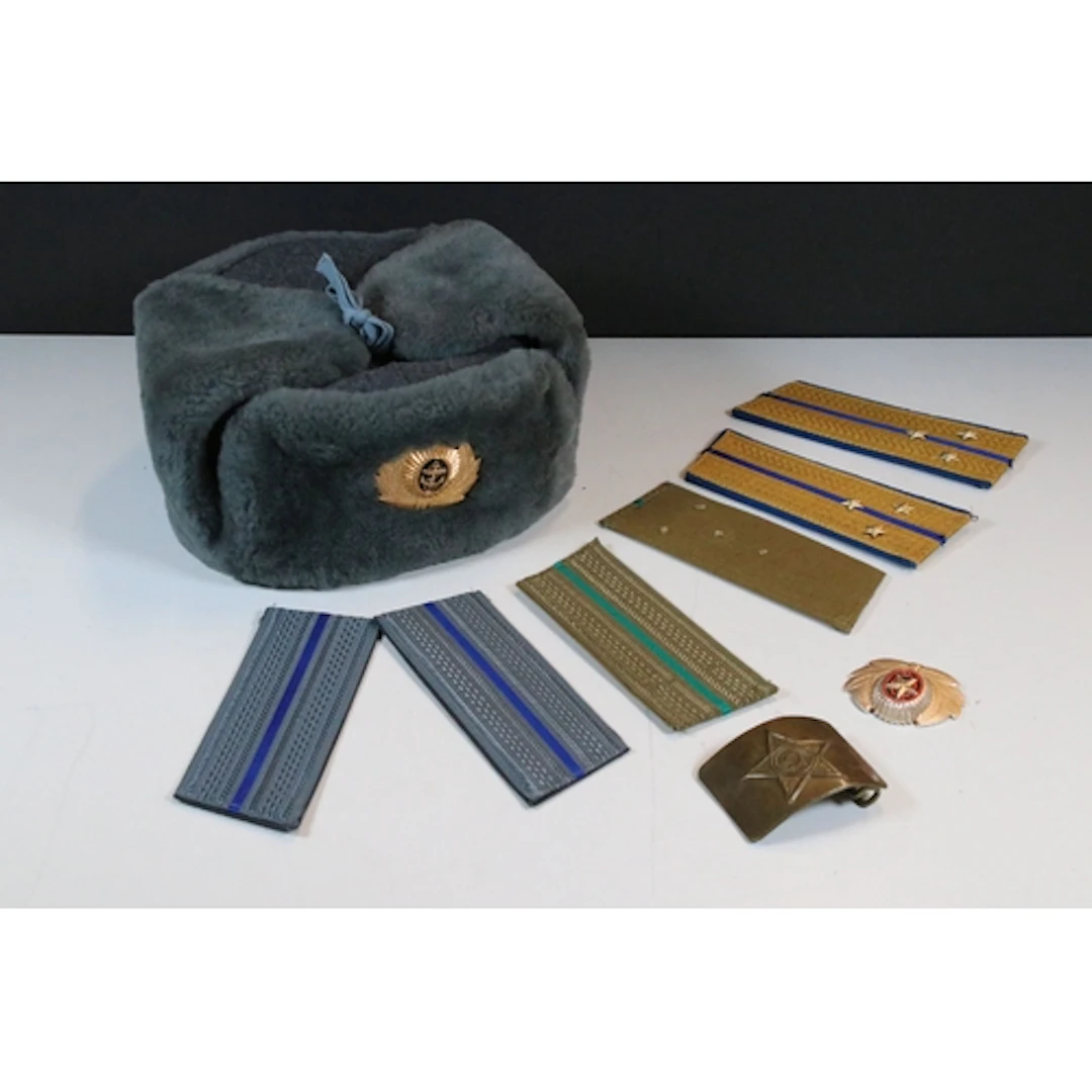 Group of Soviet military items, to comprise an Ushanka, mark...