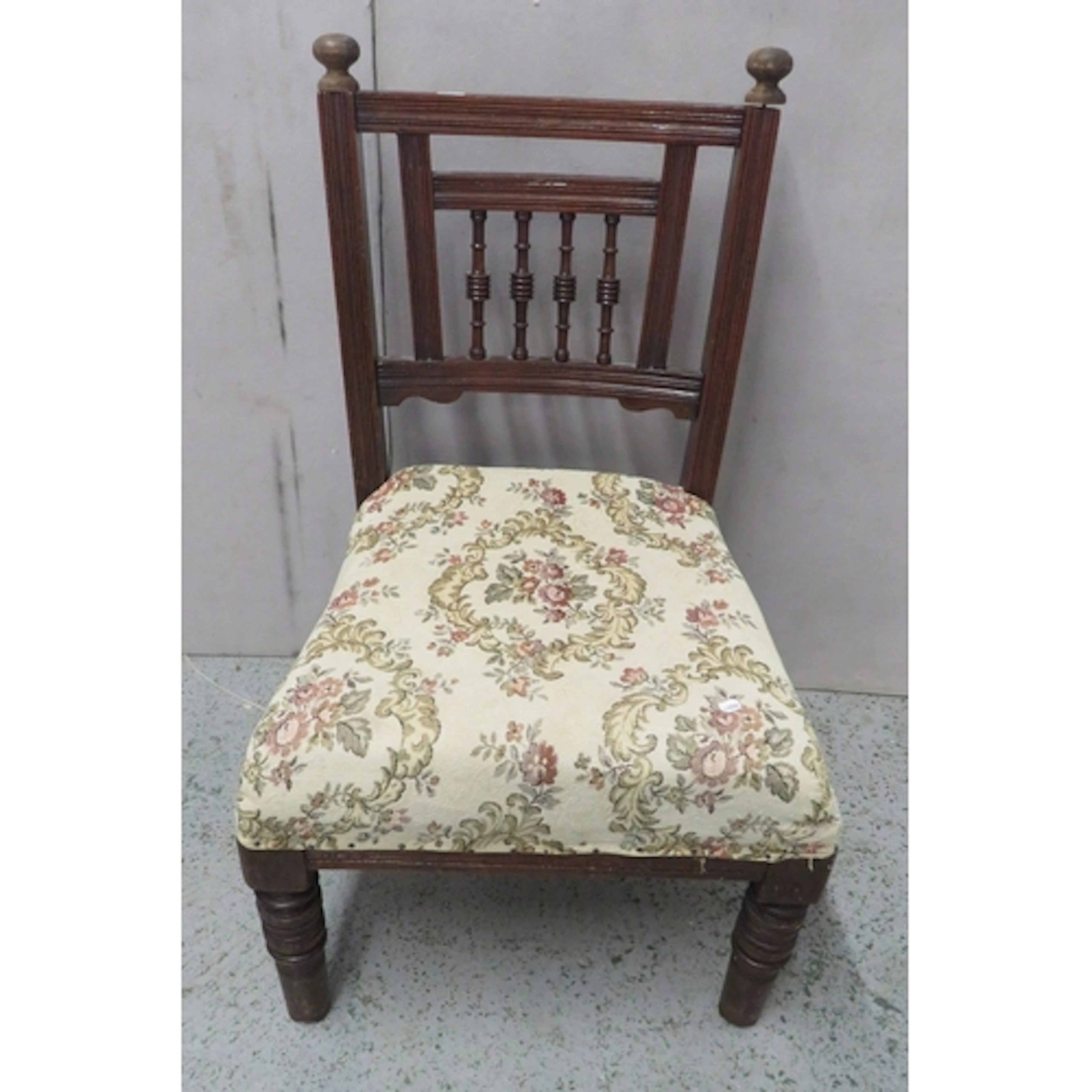 Antique Oak Low Chair with floral upholstered seat, turned s...