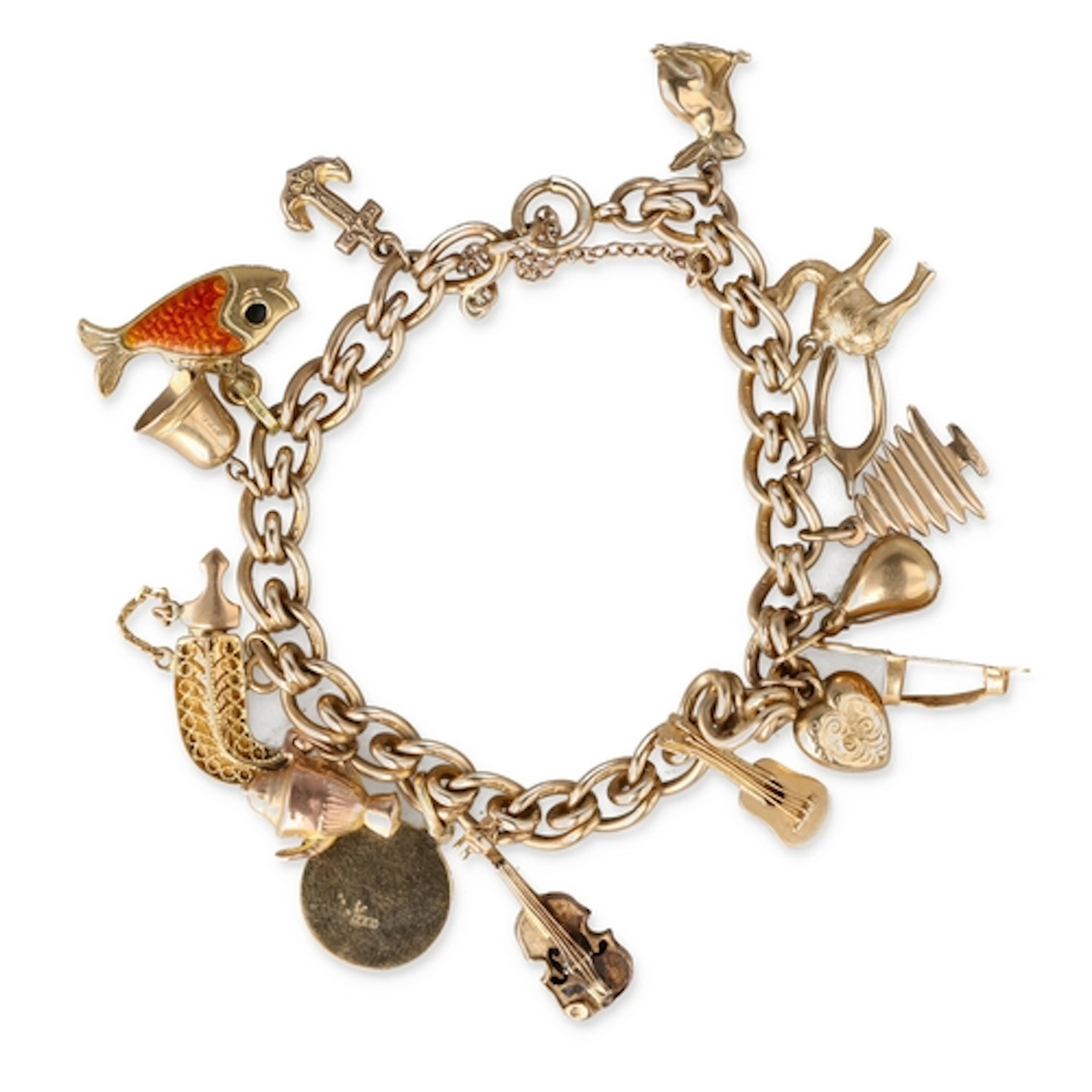 A 9CT GOLD CHARM BRACELET With various charms including many...