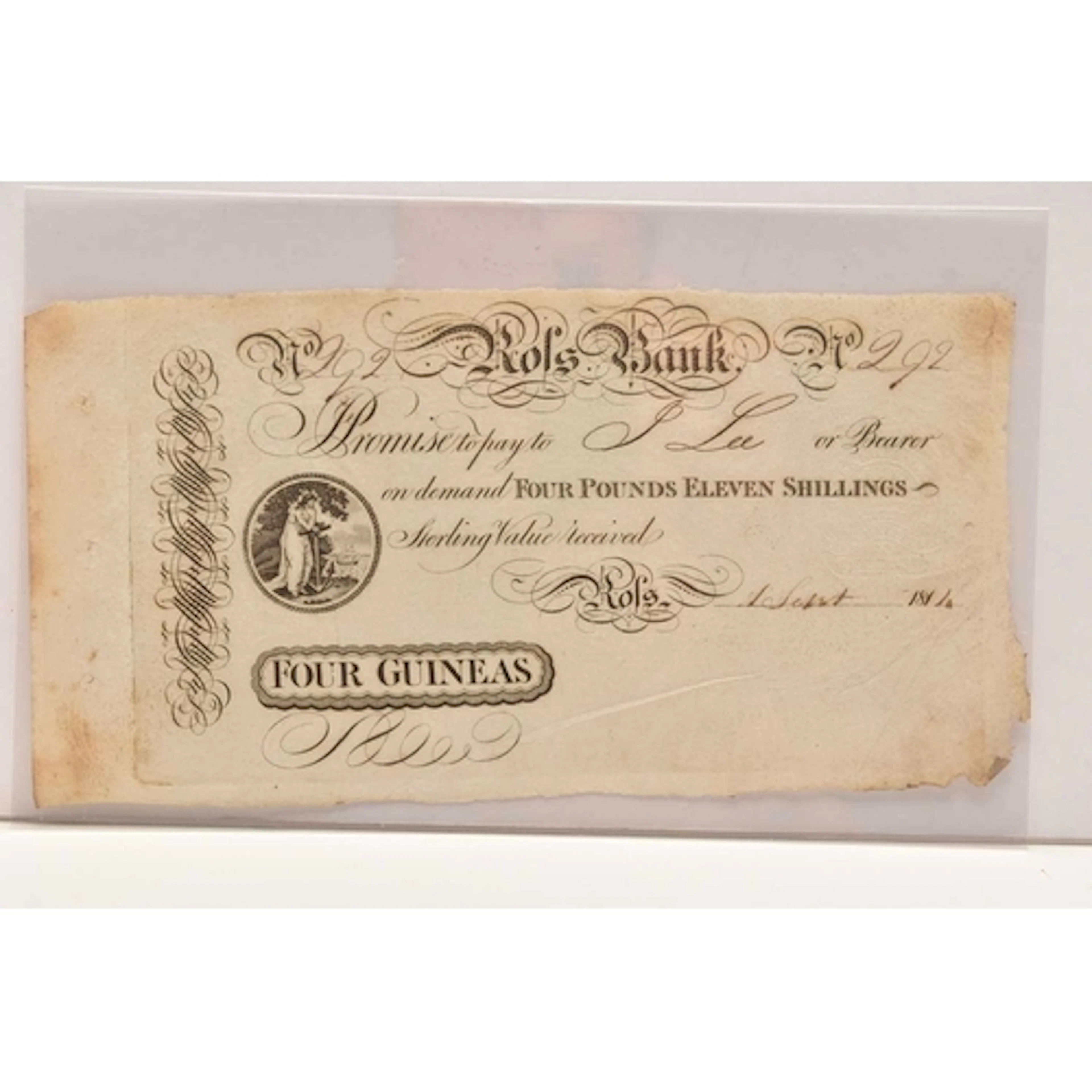 Banknote. Ross Bank Wexford Four Guineas Note dated 1814...