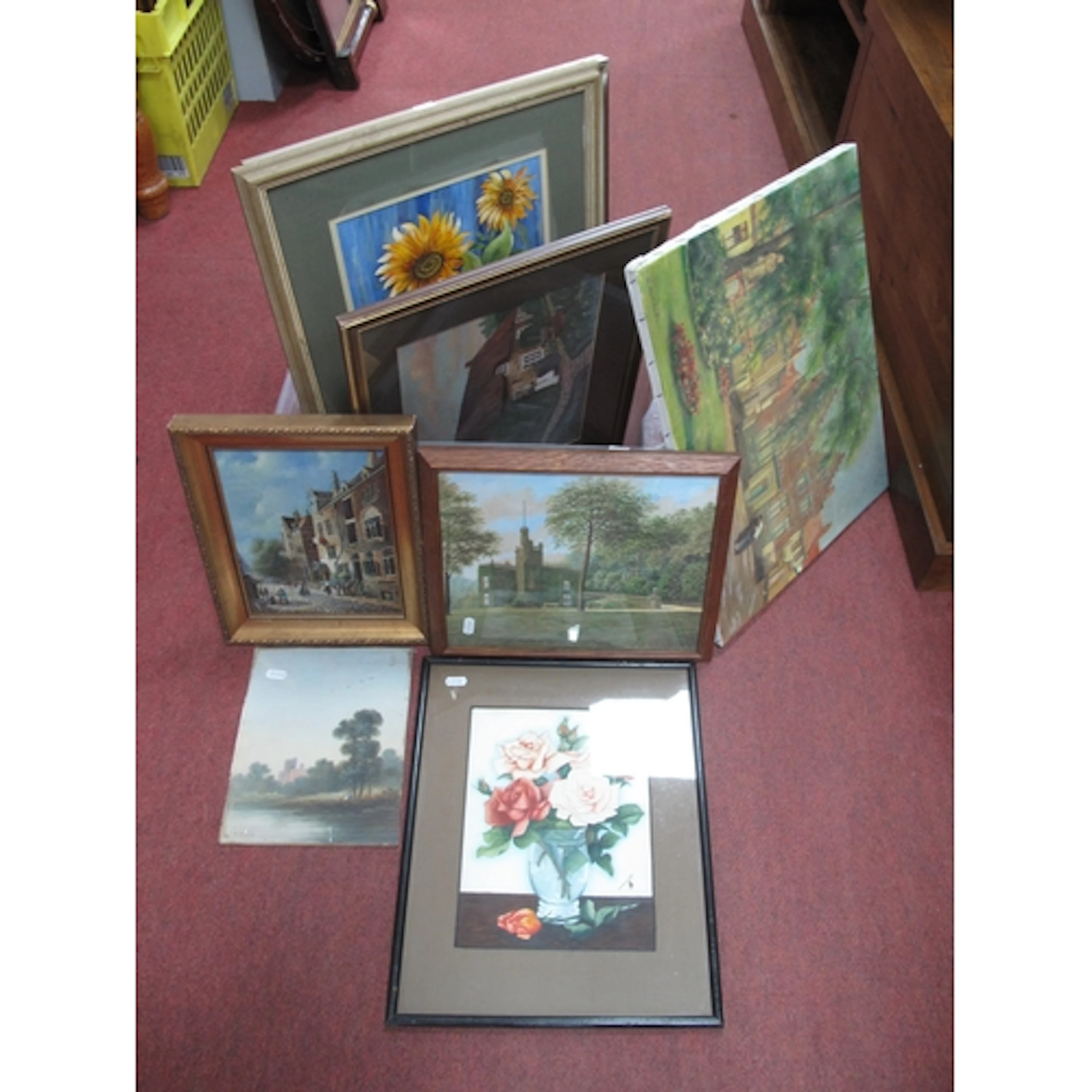 Collection of Eight Framed Artworks, including a floral stud...