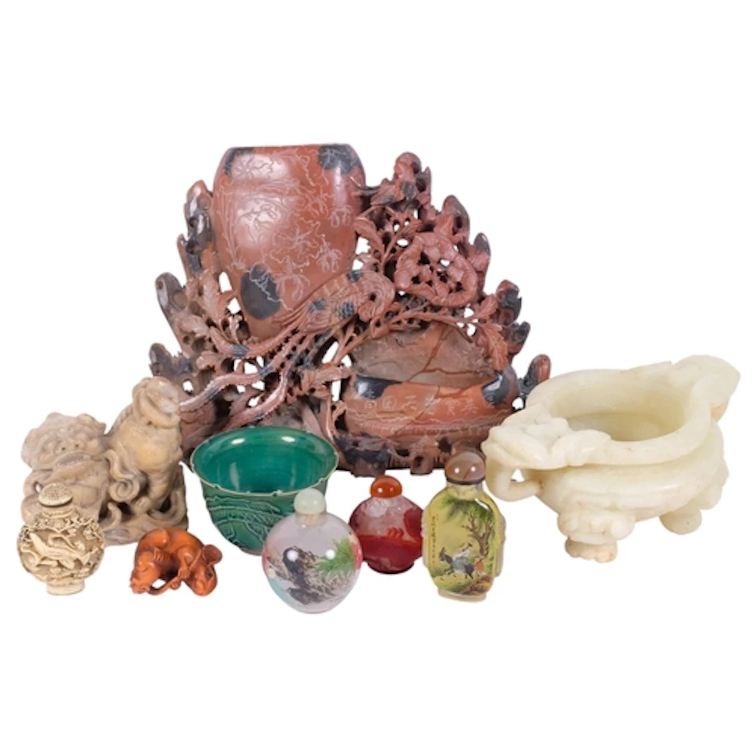 A collection of various Oriental ware, including carved soap...