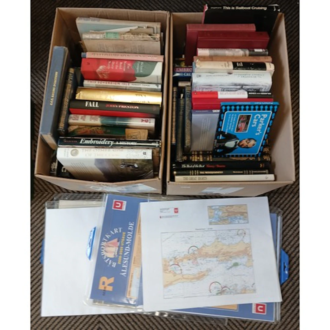 Two boxes of books to include fiction, Scottish Reference et...