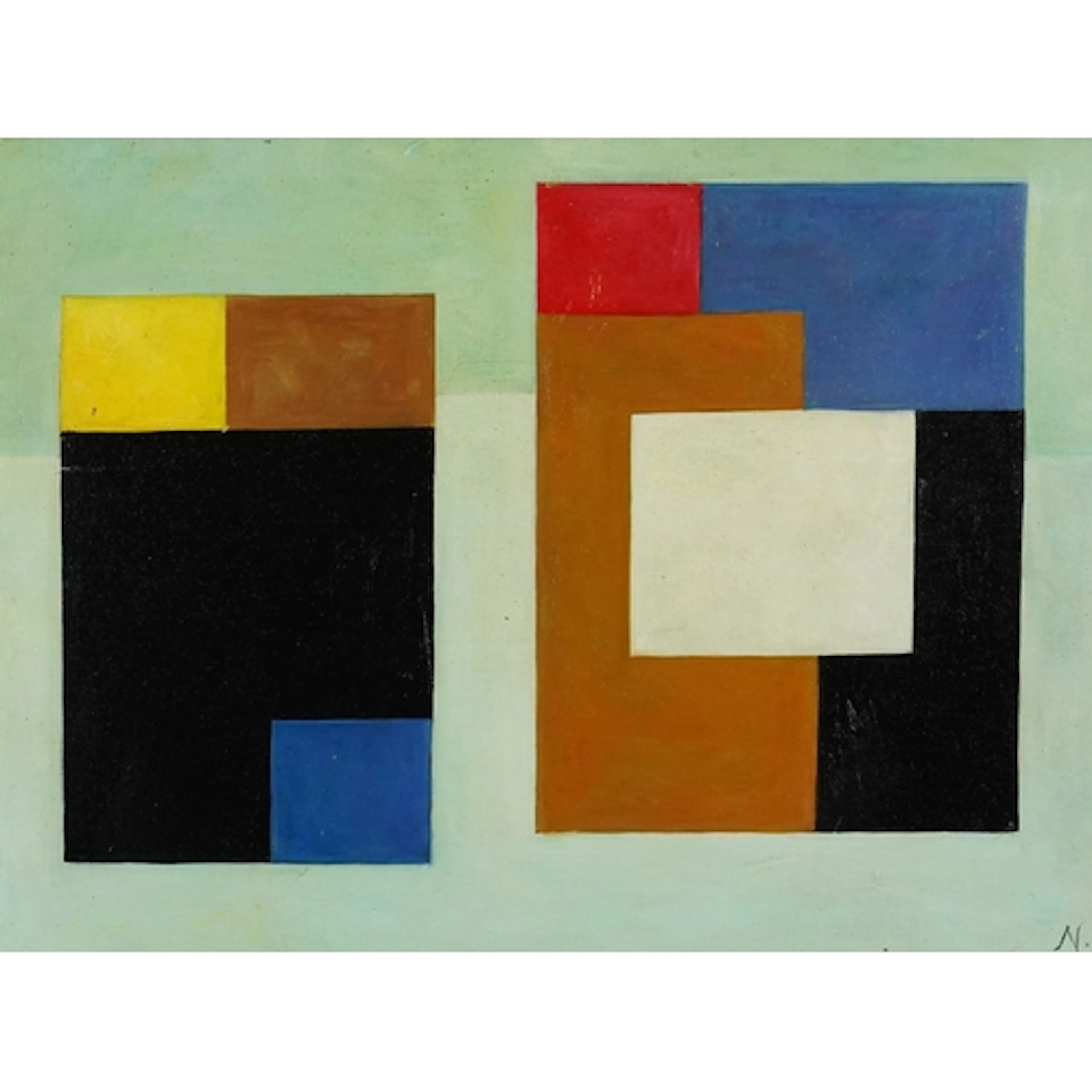 Abstract composition, geometric shapes, oil on board, framed...