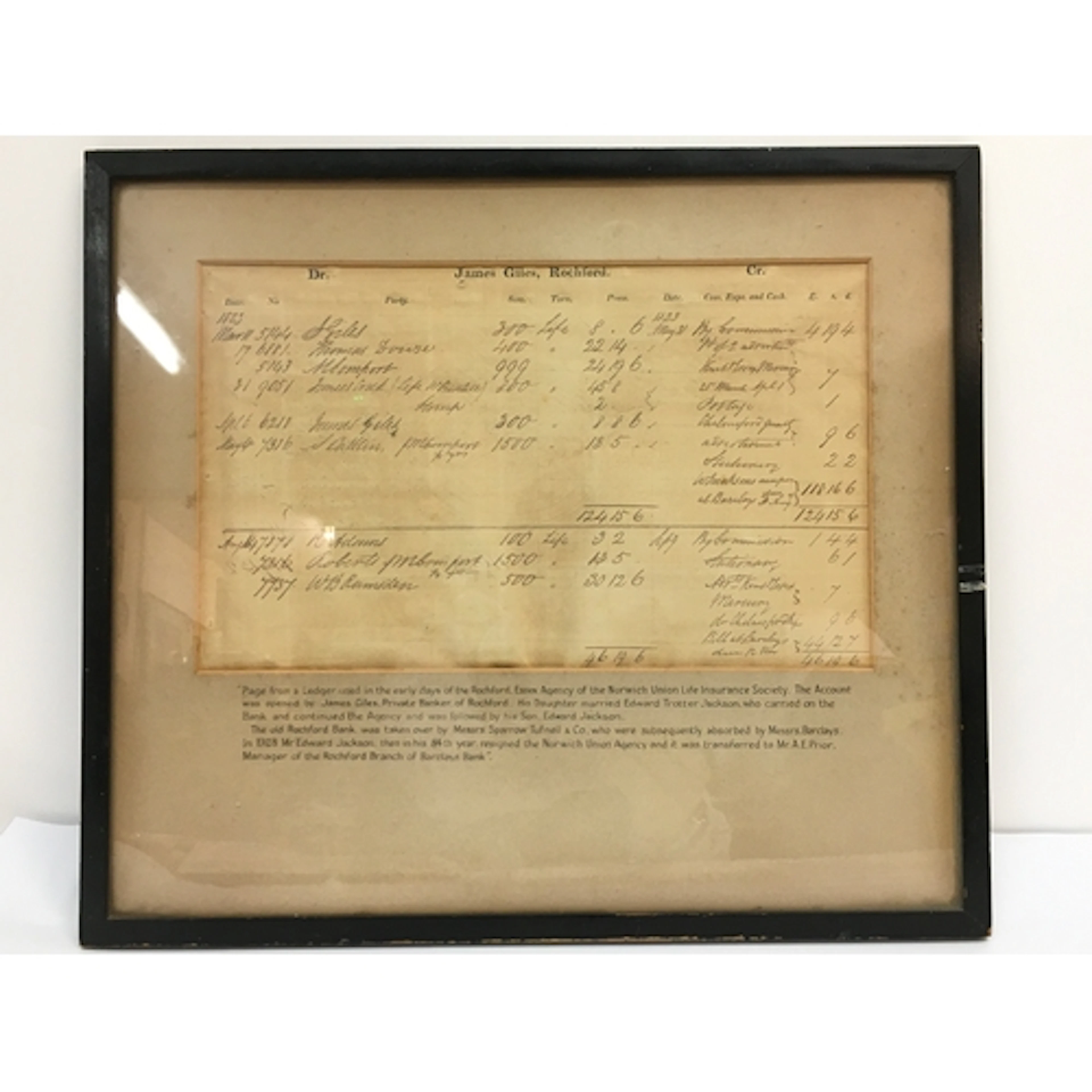 A framed page from a ledger used in the early days of the Ro...
