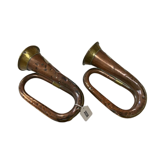 Two copper and brass Boer War bugles; both with applied whit...