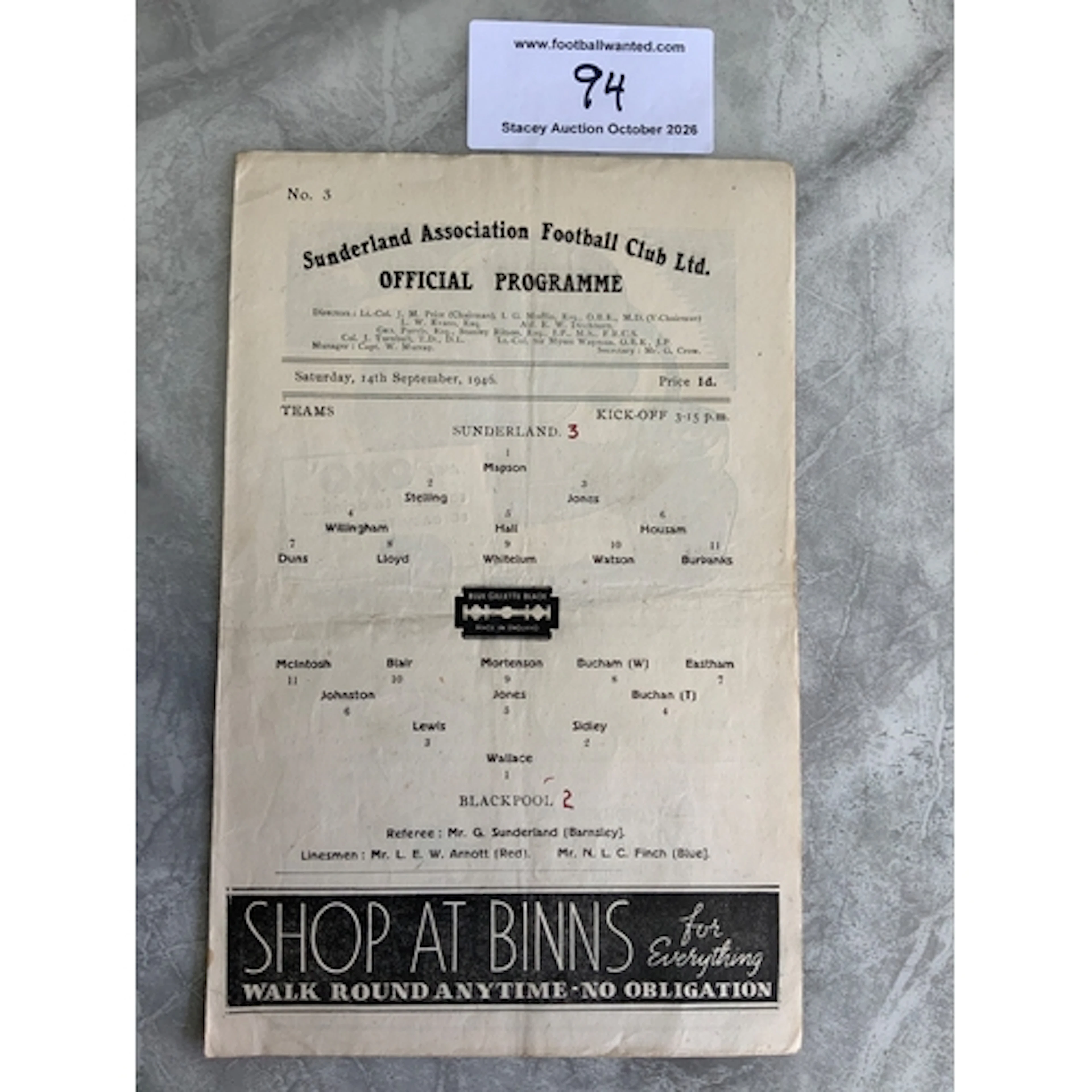 46/47 Sunderland v Blackpool Football Programme: Four page g...