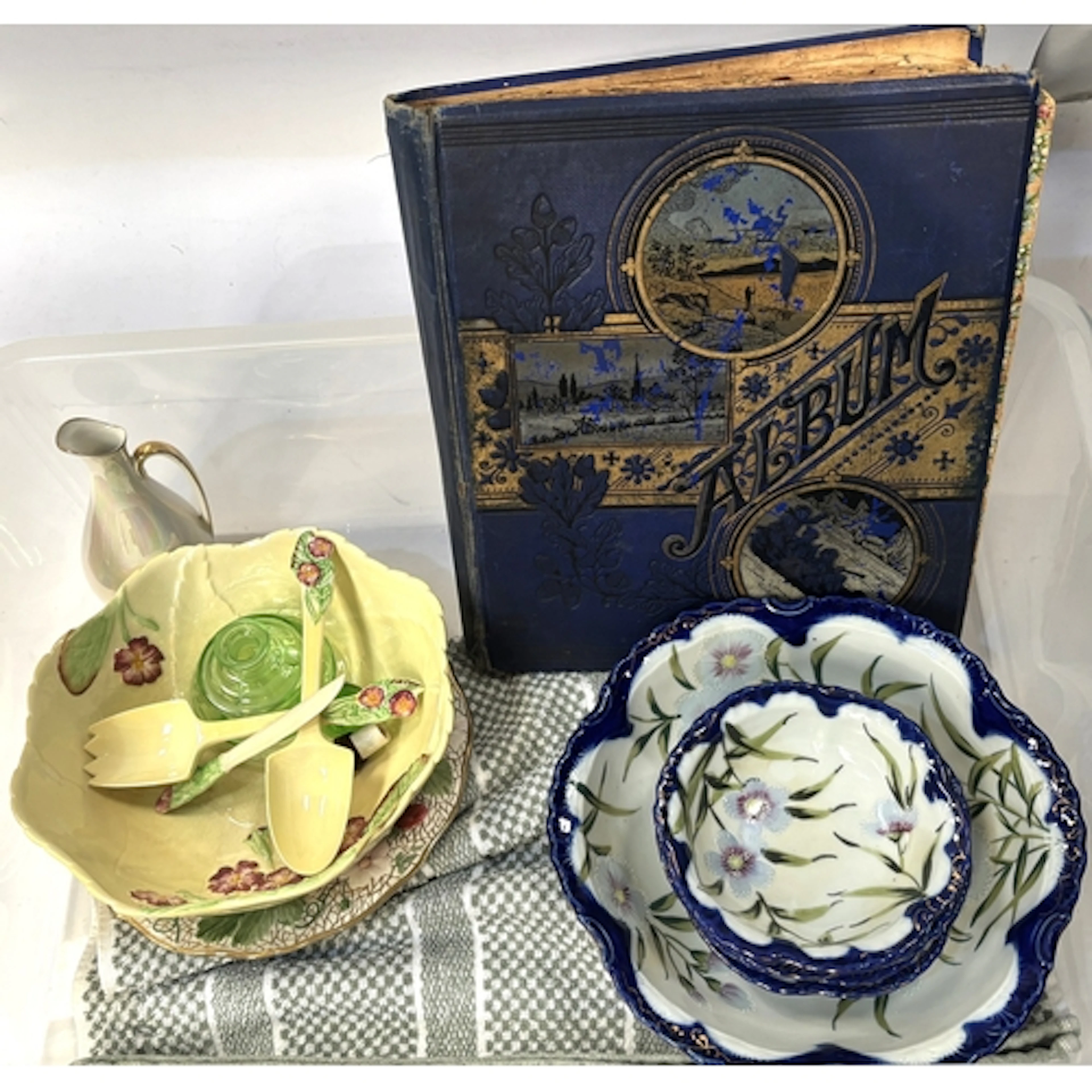A Victorian scrapbook and various ceramics including fruit b...