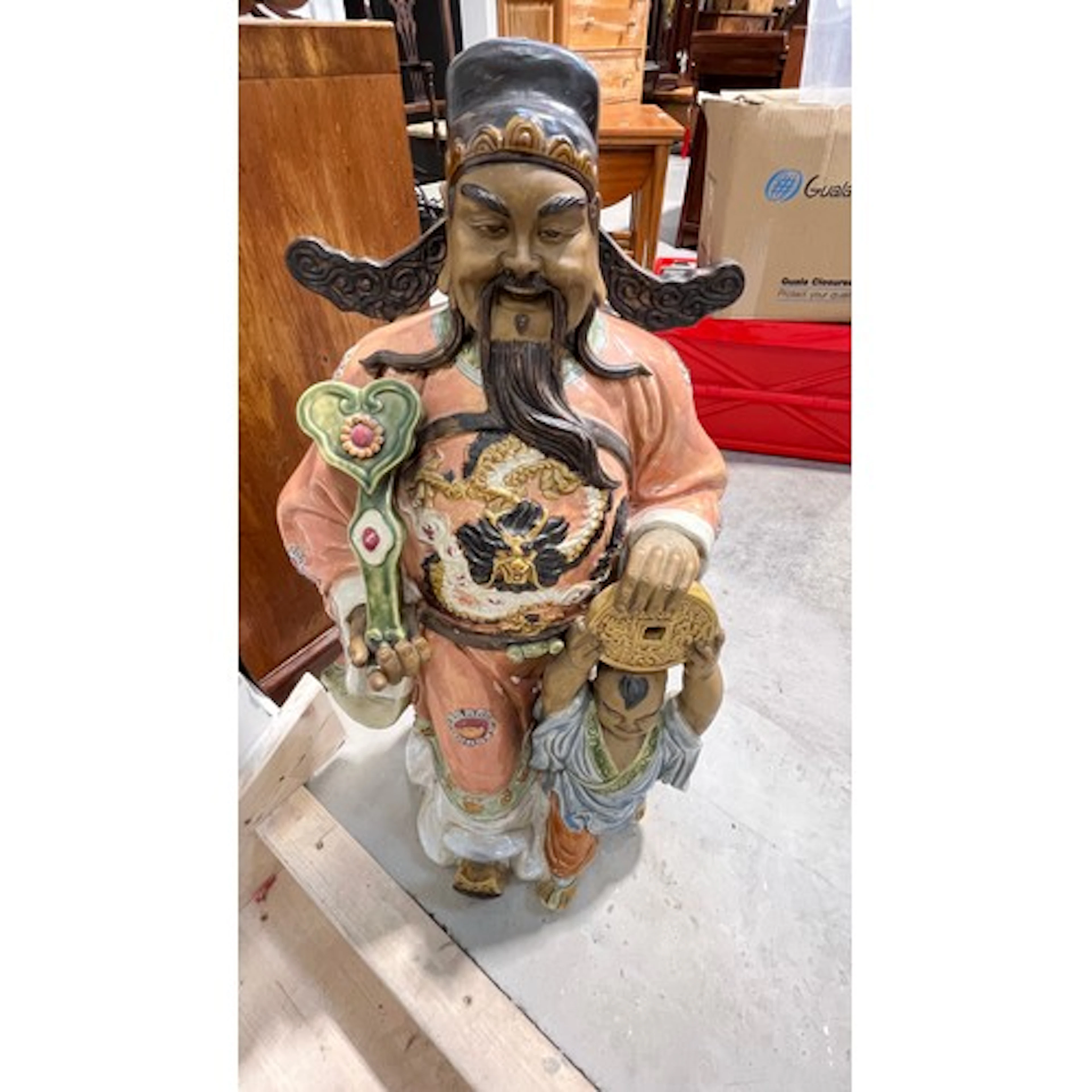 Large ceramic oriental figure of a gent and young child in t...