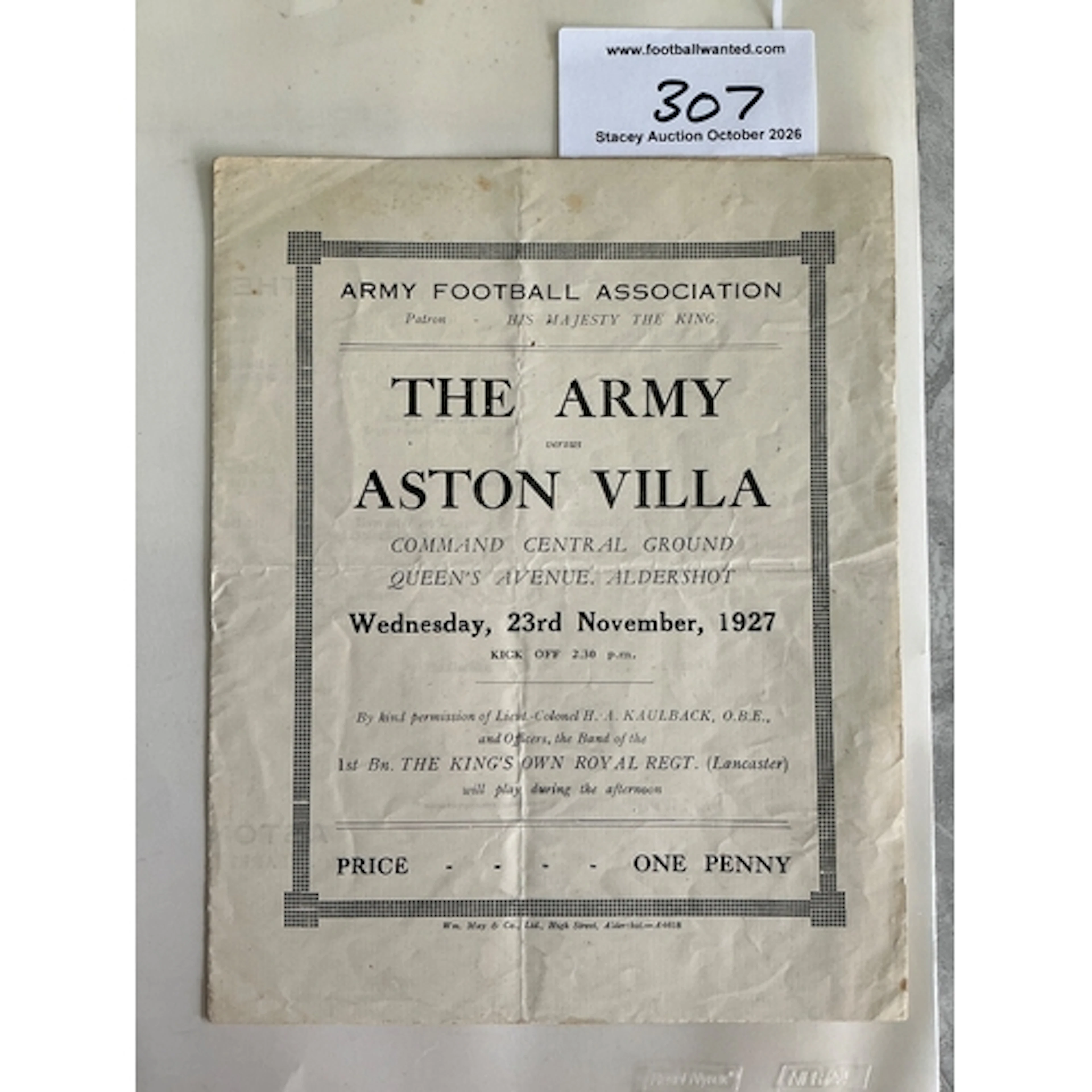 1927 - 1928 Army v Aston Villa Football Programme: Played at...