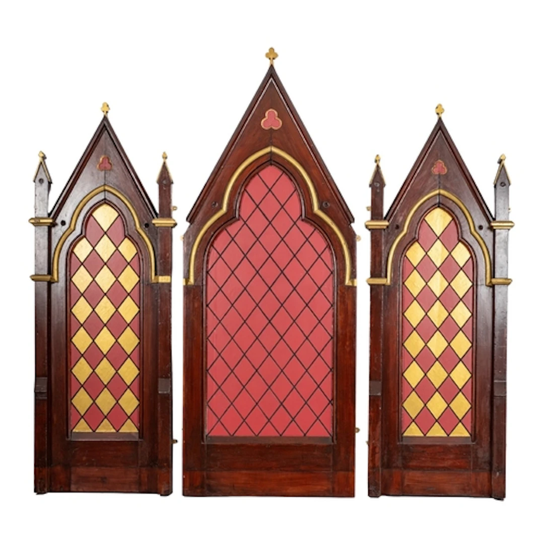 Three Victorian painted and varnished pine lancet panels, la...