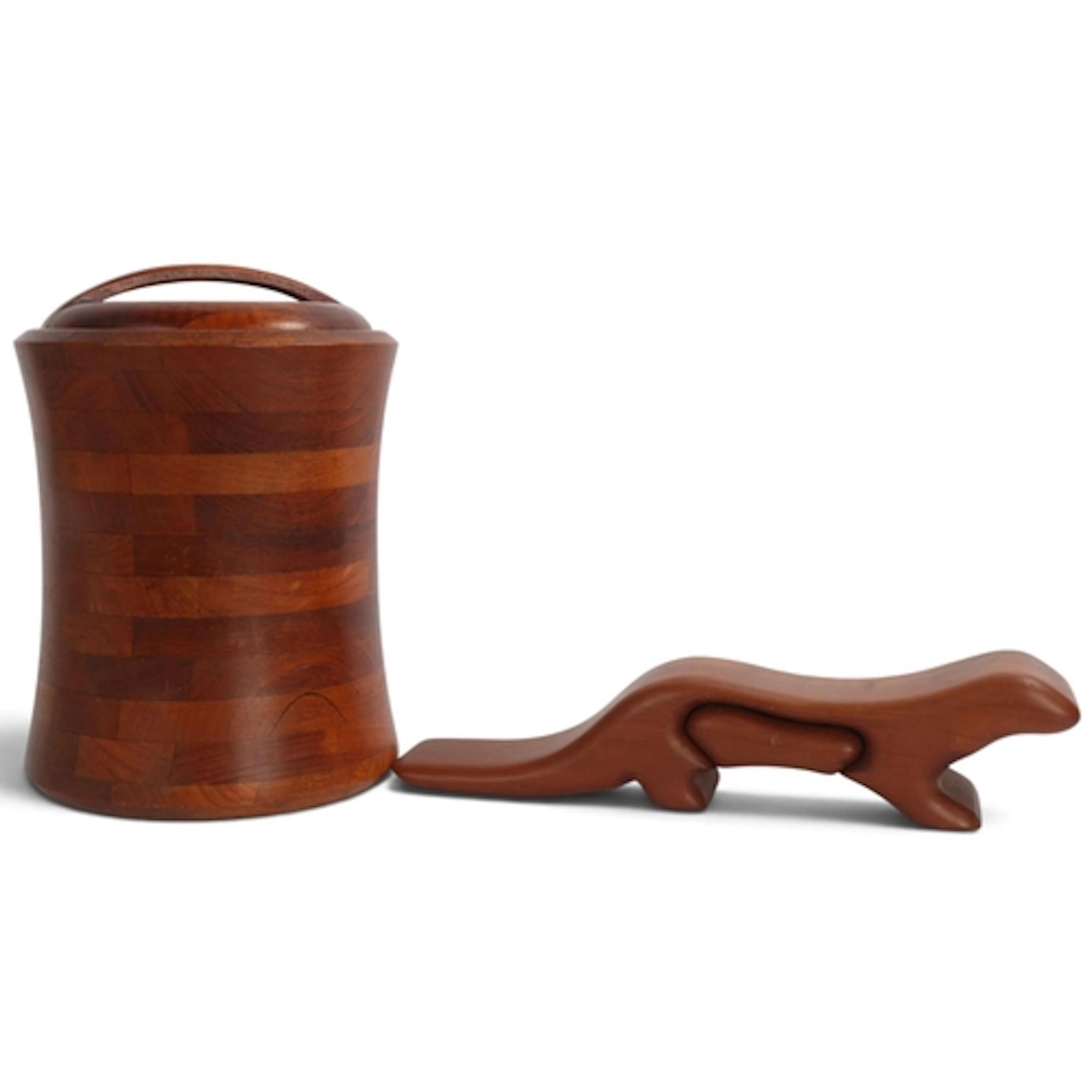 A mid-century teak ice bucket with lid, height 28cm, togethe...