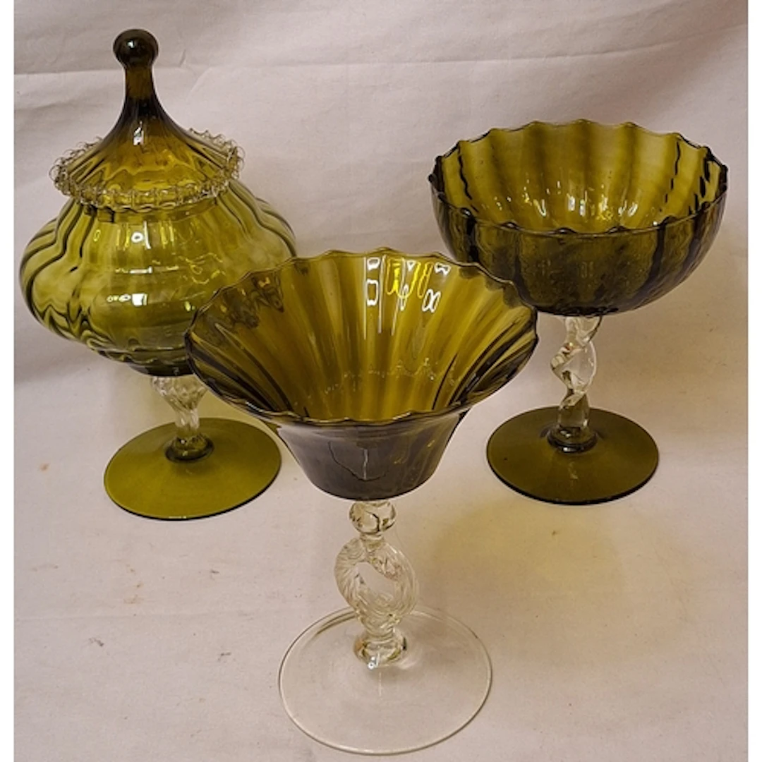 Vintage Moss Green Glass Empoli Style Footed Lidded Jar & 2 ...