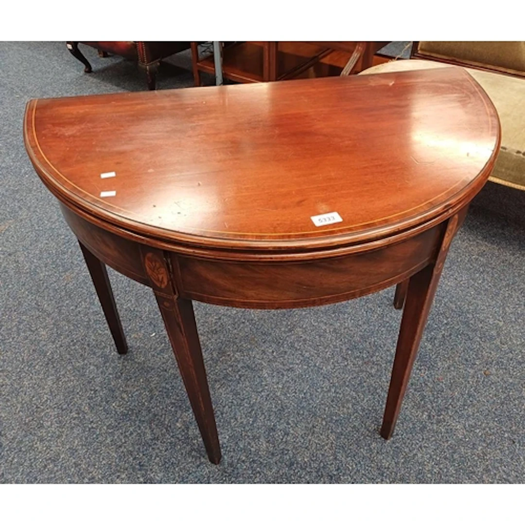 LATE 19TH CENTURY INLAID MAHOGANY DEMI-LUNE TEA TABLE ON SQU...