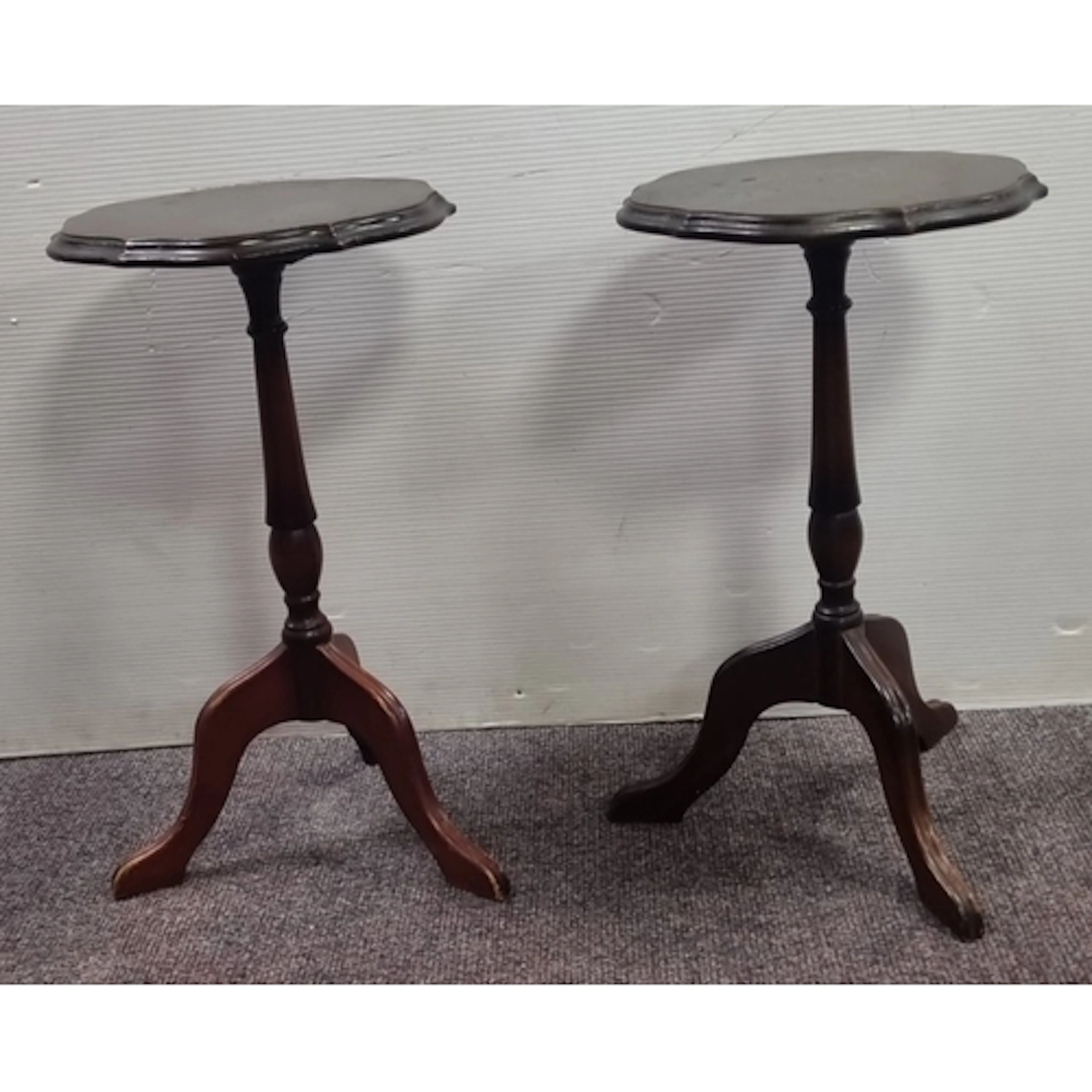 Pair of Mahogany pedestal wine tables with tripod bases, H: ...