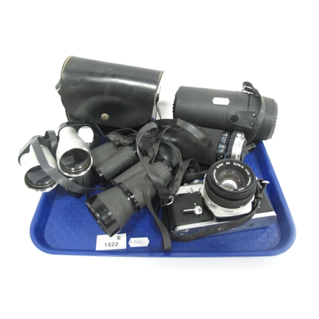 Camera and binoculars, including Olympus OM-1N SLR camera wi...