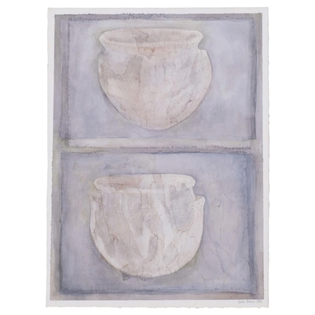 Susan Bream, clay pots, watercolour with tissue applique, 19...