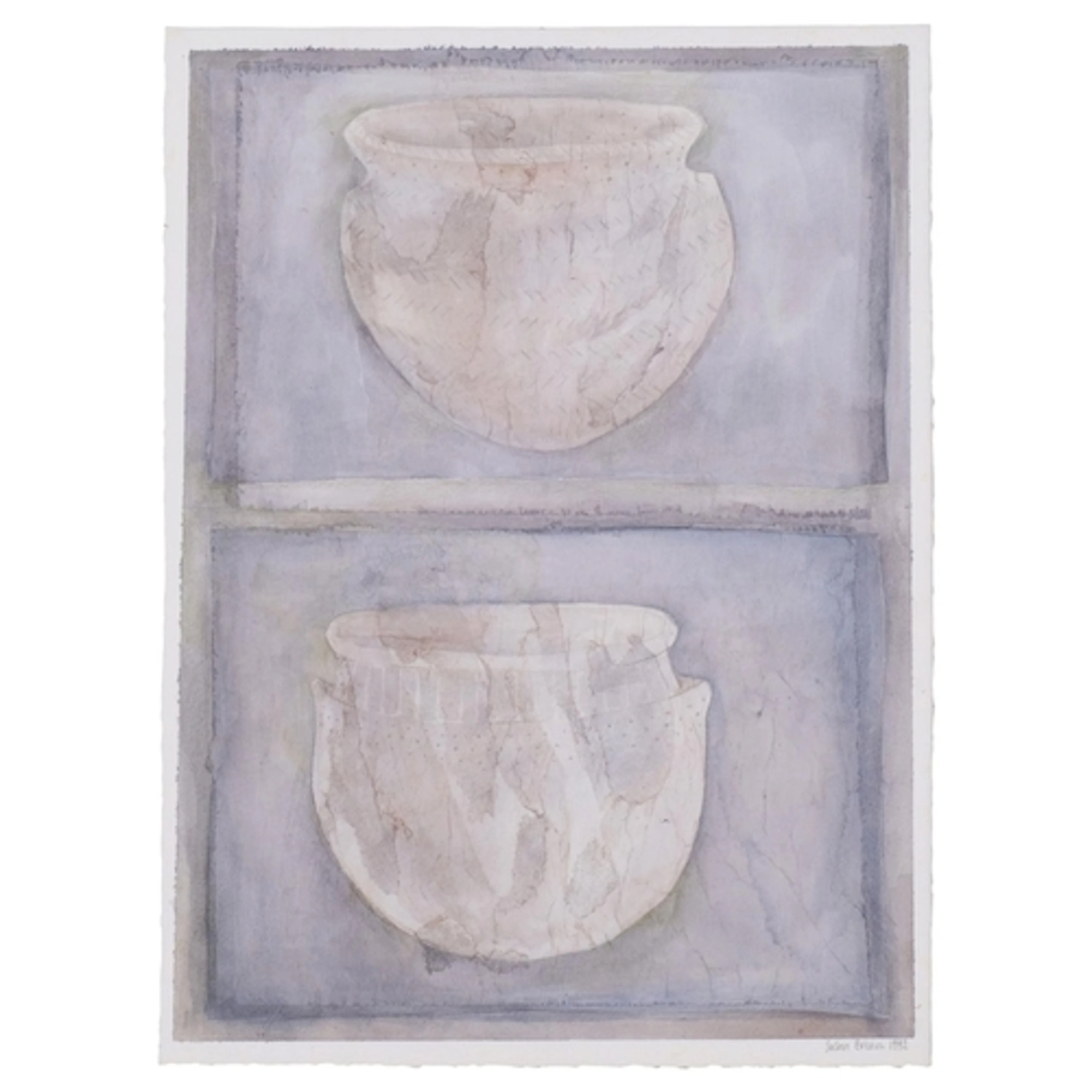Susan Bream, clay pots, watercolour with tissue applique, 19...