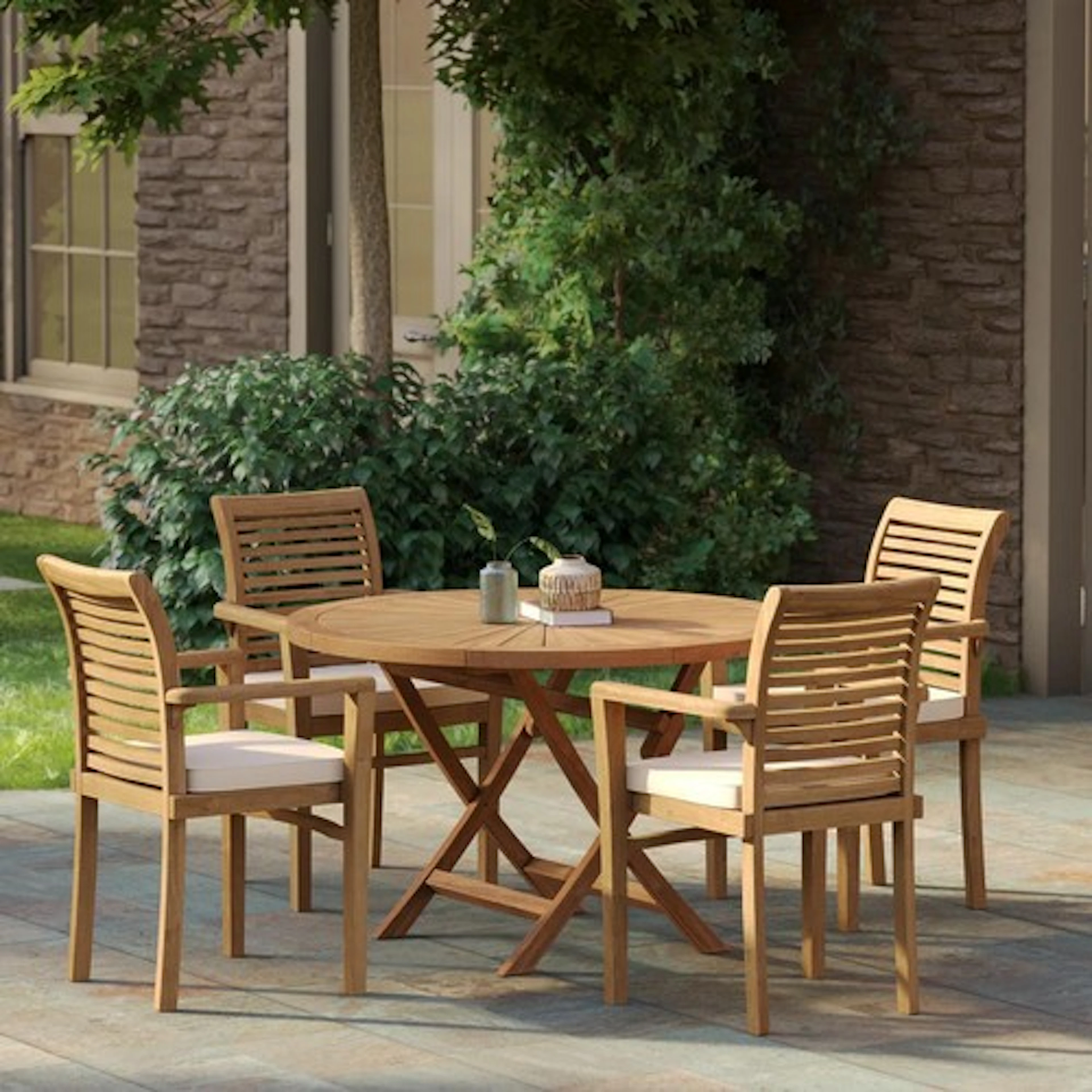 A good Teak circular table and four Chairs with central hole...