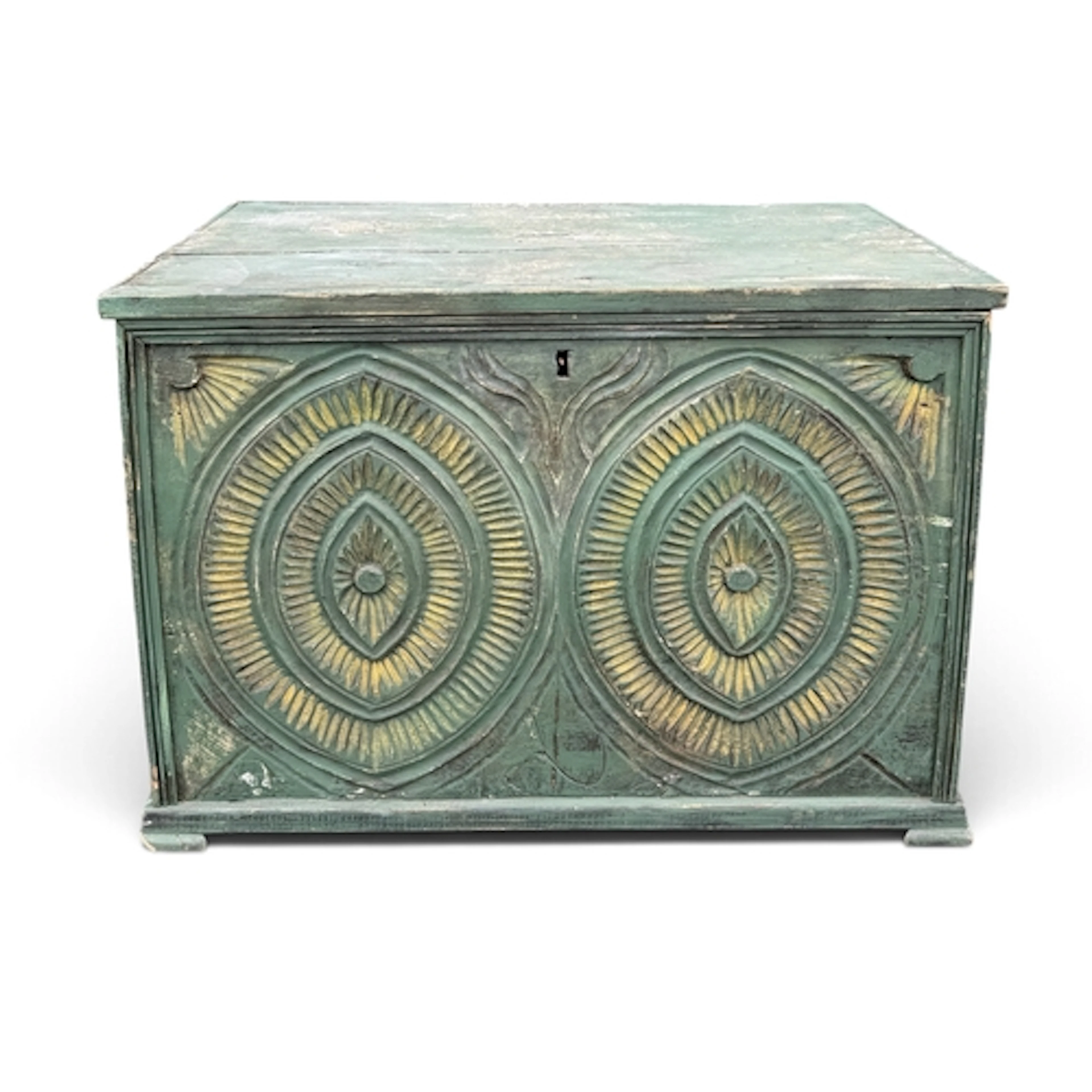 AN INDIAN GREEN PAINTED PINE CHEST 76cm x 46cm 52.5cm...