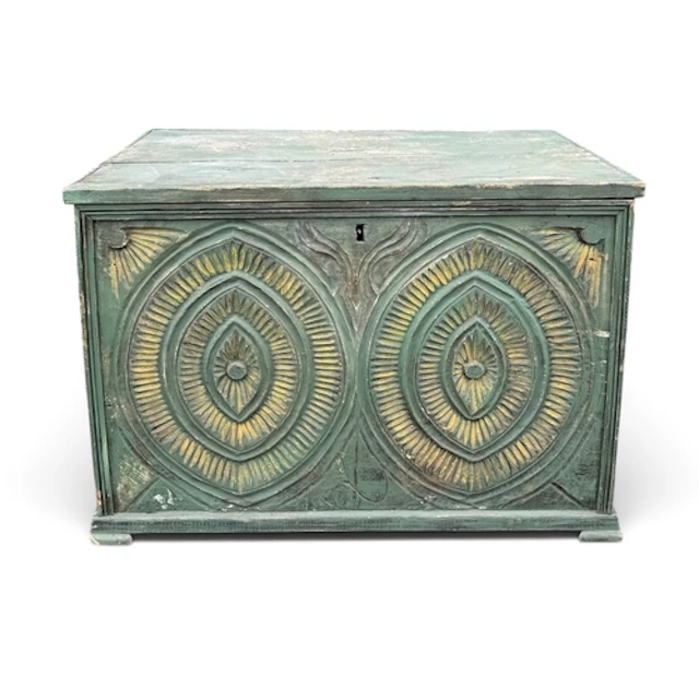 AN INDIAN GREEN PAINTED PINE CHEST 76cm x 46cm 52.5cm...