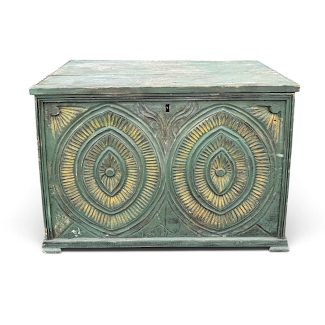 AN INDIAN GREEN PAINTED PINE CHEST 76cm x 46cm 52.5cm...