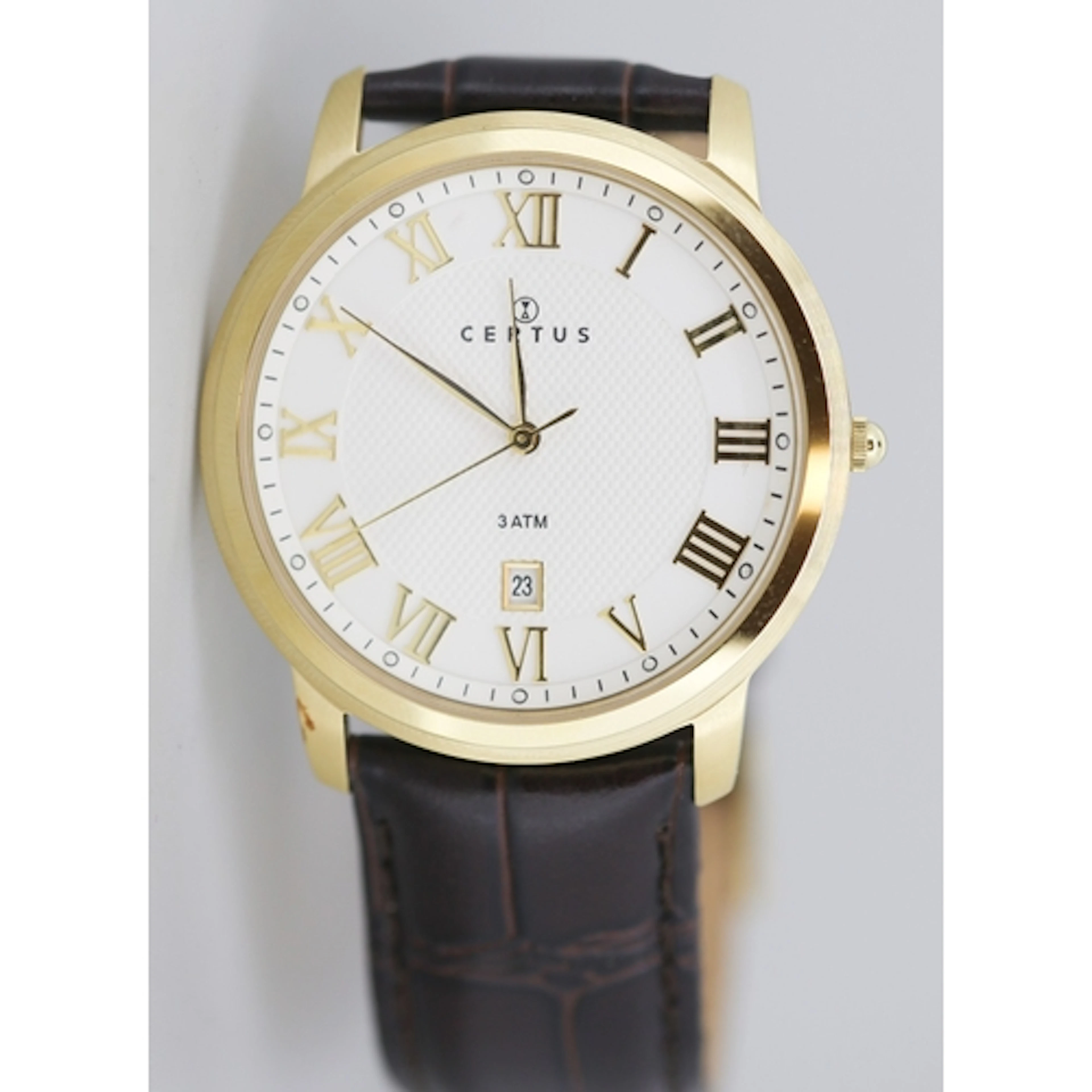 Certus Gold Tone Gentlemens Wristwatch Roman Numerals Date A...
