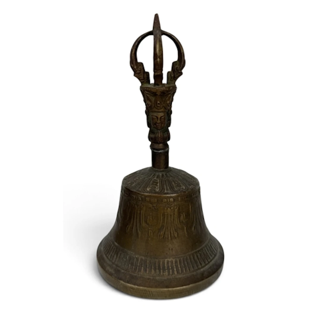 AN EARLY 20TH C TIBETAN BRASS BELL 17cm H