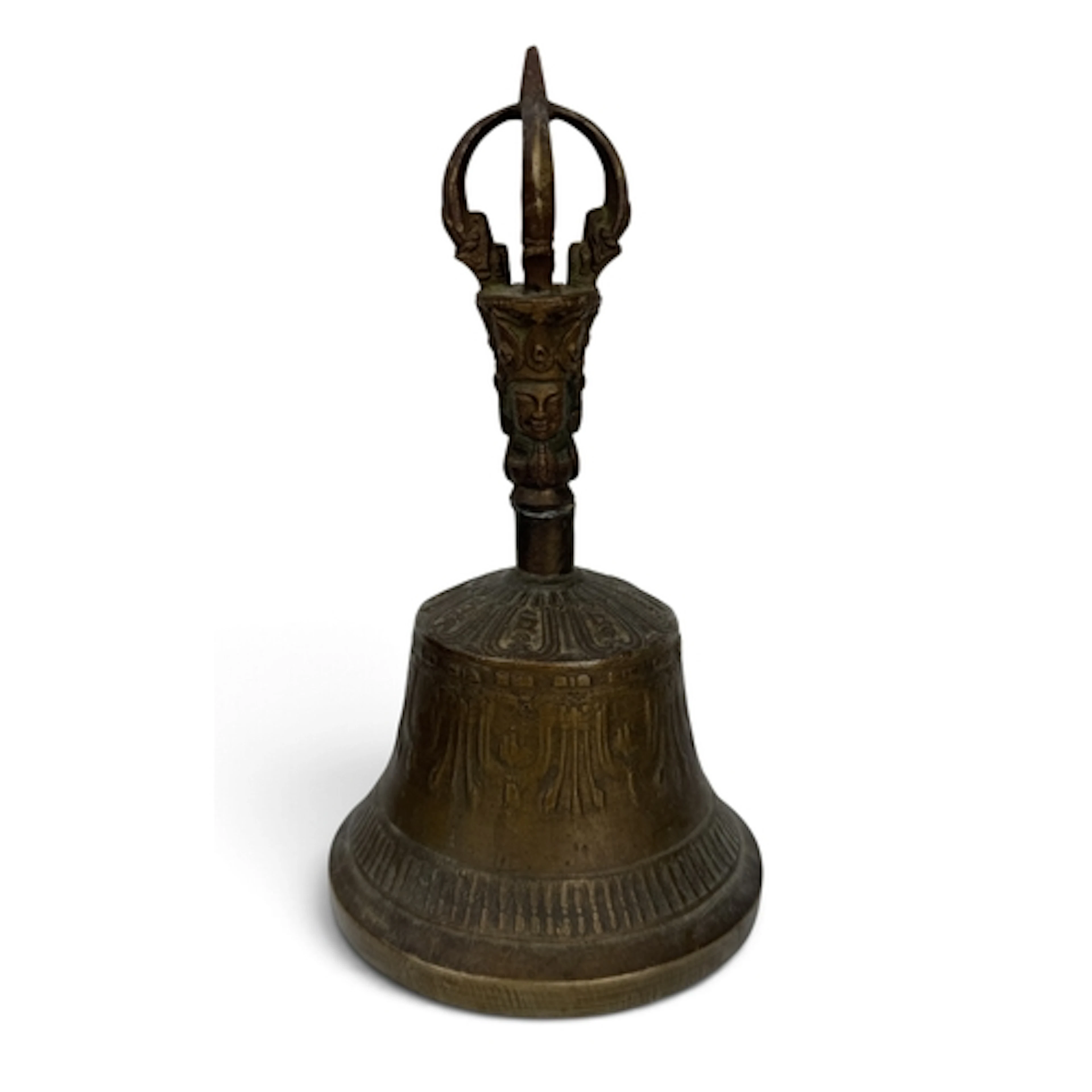 AN EARLY 20TH C TIBETAN BRASS BELL 17cm H