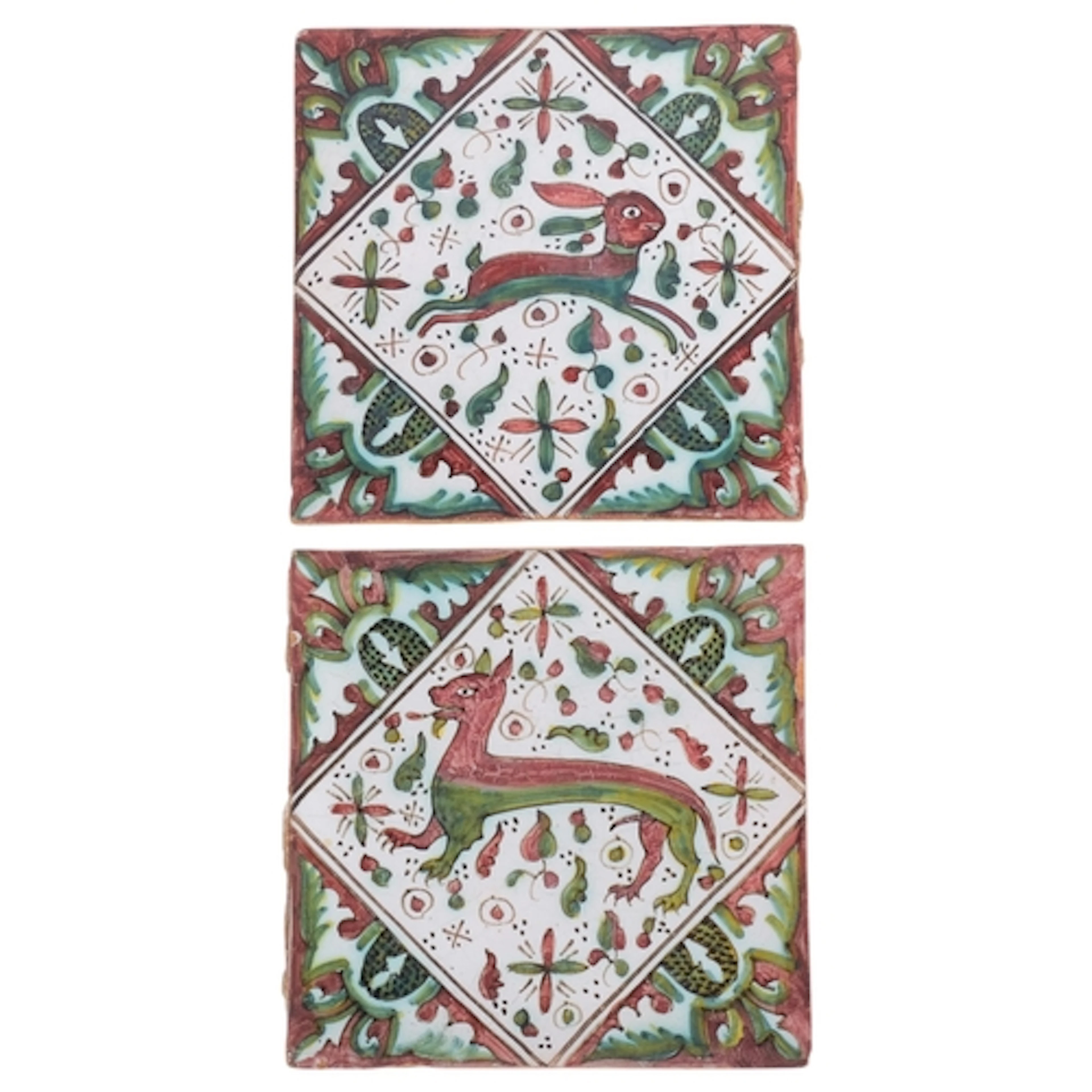 A pair of hand-painted Folk Art Ukrainian tiles, 13cm x 13cm